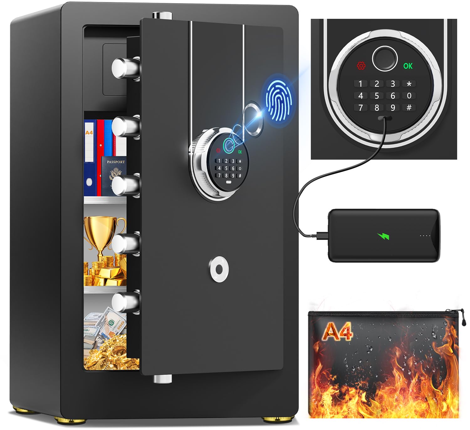Biometric Fireproof Safe For Home Documents, Heavy Duty Safe Box Fireproof Waterproof, Large Digital Security Fingerprint Safes With Keypad, Anti-Theft Alert, Mute Mode For Jewelry Money
