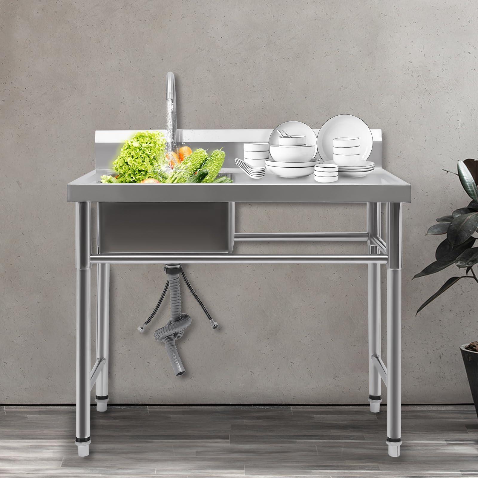Freistehende Spültisch 100x60cm, Edelstahl Spülenschrank mit Spüle und Armatur, Küchenspüle mit Unterschrank, Ausgussbecken Edelstahl Einzelbecken, 360° Mischbatterie (Linker Spülbecken)
