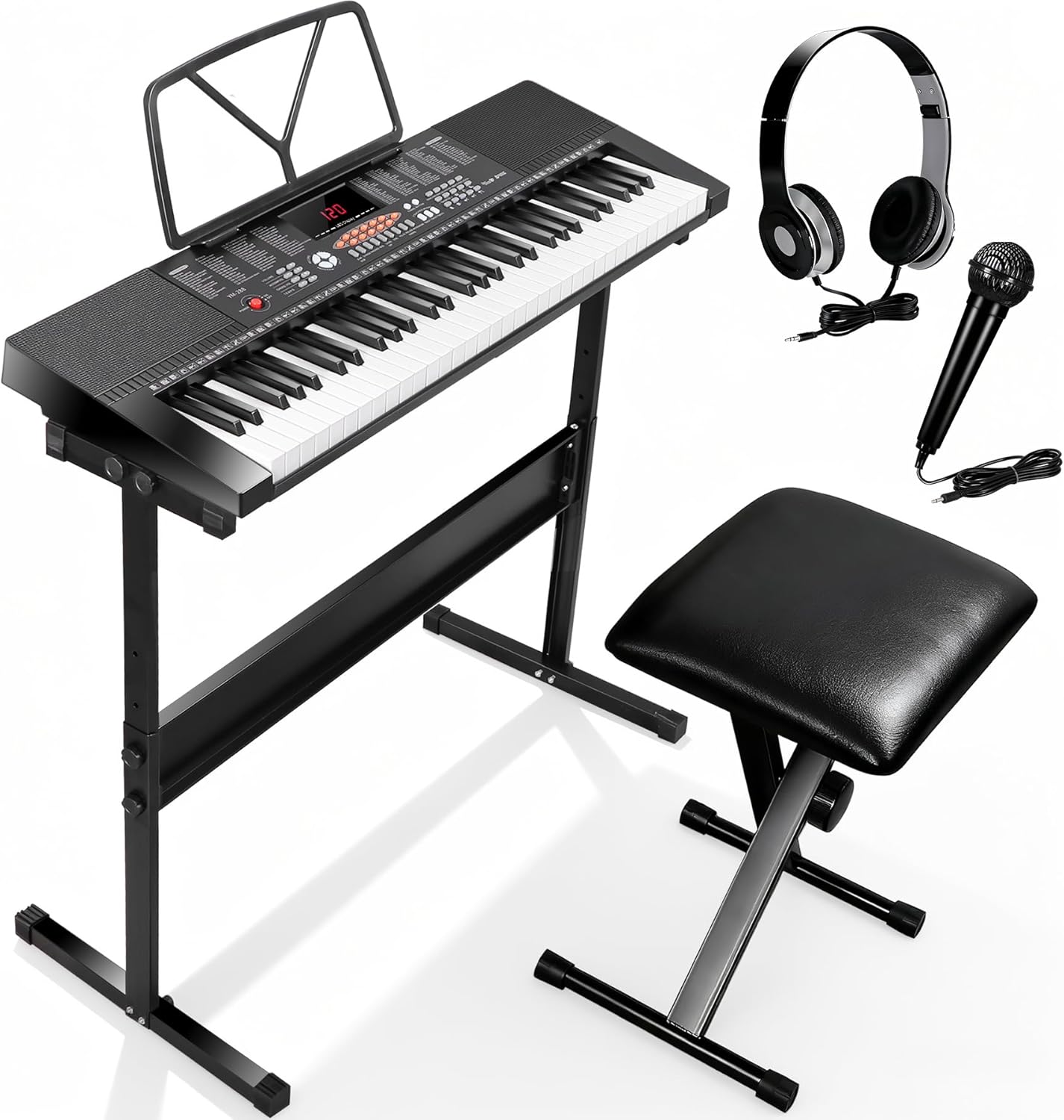 61 Keys Electronic Keyboard Piano Complete LED Display Keyboard Kit with Stand Built-in Speakers Headphones Microphone Music Sheet Stand and Stool, Black