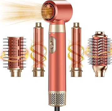 5 in 1 Blow Dryer Brush Set, Upgrade Hair Dryer & Blow Dryer Brush & Air Curling Wrap & Paddle Brush, Detachable Hot Air Brush Styling Tools, High Speed Travel Hair Volumizer Straightener Curler Amber