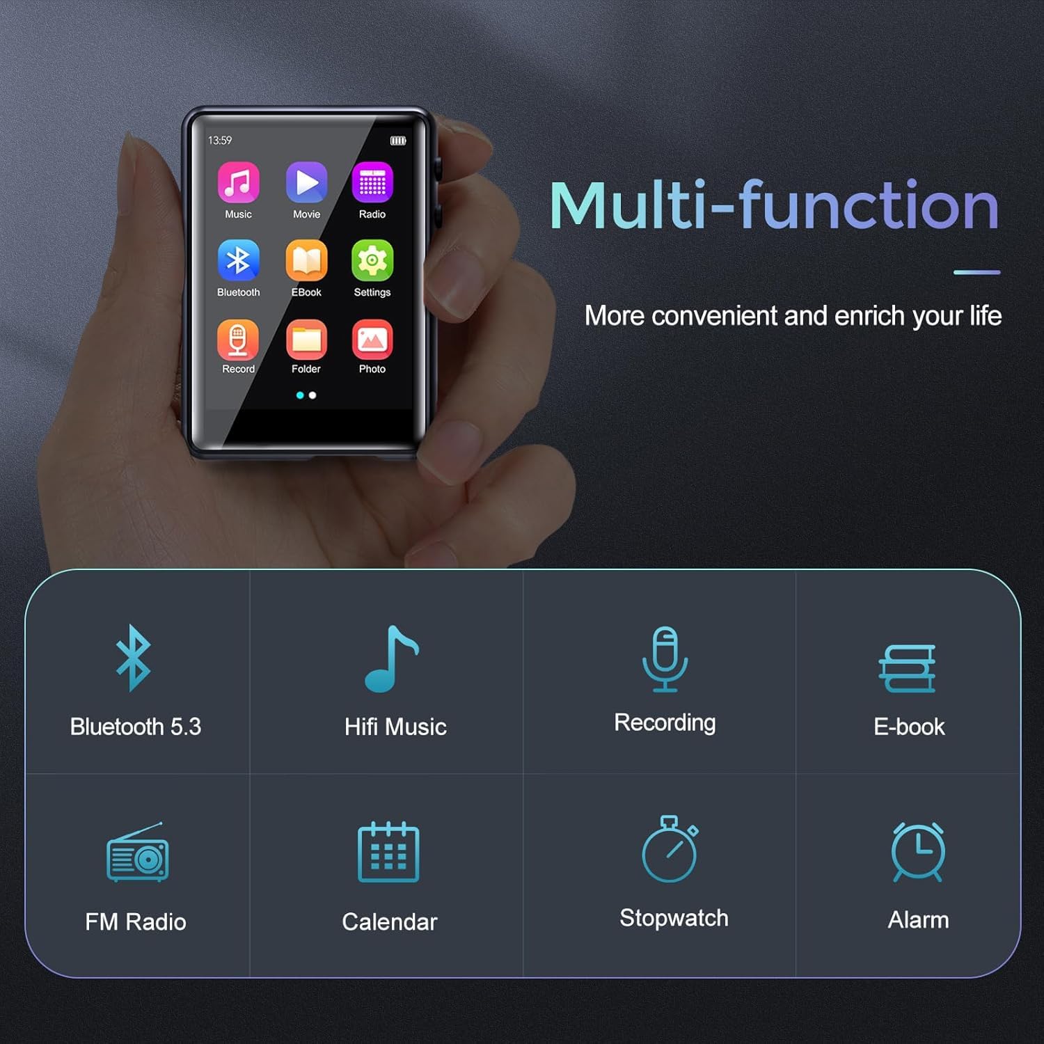 64 GB odtwarzacz MP3 z Bluetooth 5.3, bezstratny odtwarzacz audio HiFi z głośnikiem, 2,4 cala, pełny ekran dotykowy, radio FM, liniowy rejestrator głosu, e-book, obsługa do 128 GB