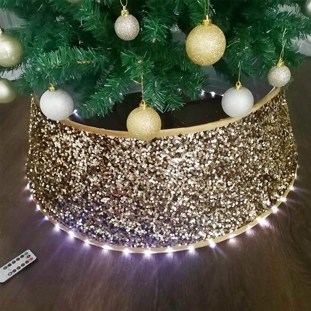 Halo Christmas tree skirt/Tree Collar/Tree Ring/Tree Nest/Base Cover/Tree Bottom Cover Dismountable with Programmable LED Lights - Black Velvet & Gold Sequin 32 Inch.