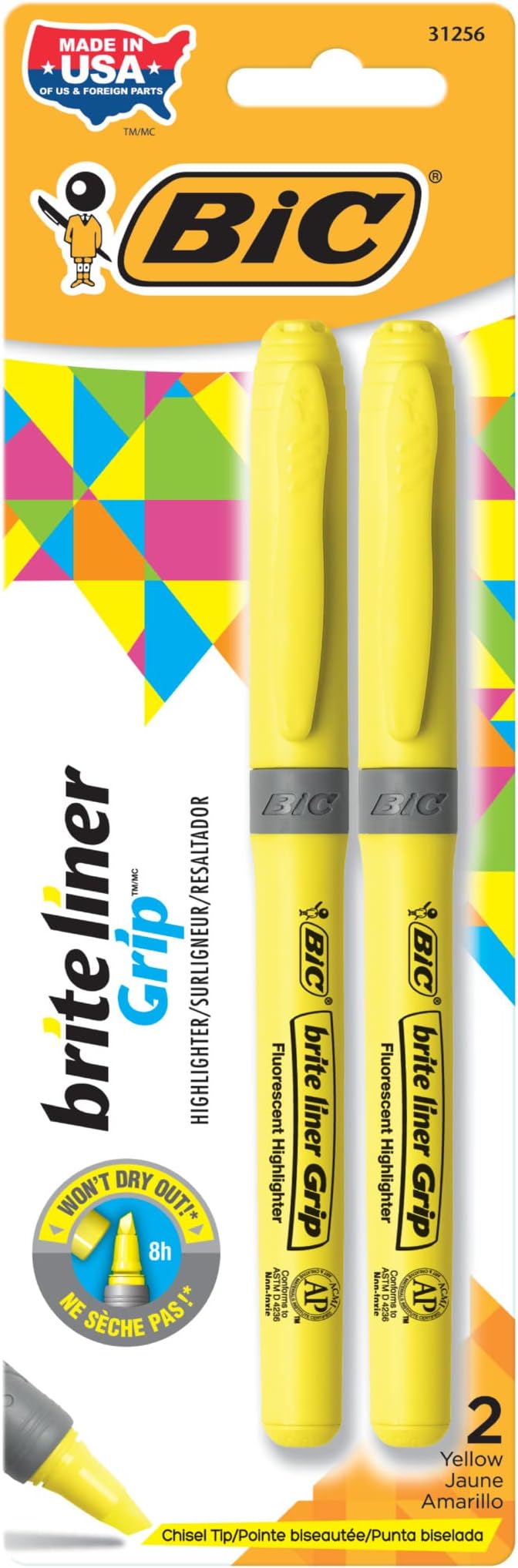 BIC Brite Liner Grip Highlighters, Chisel Tip (1.6 mm), Classic Yellow, 2-Count Pack, Best Highlighters for School Supplies and Office Supplies