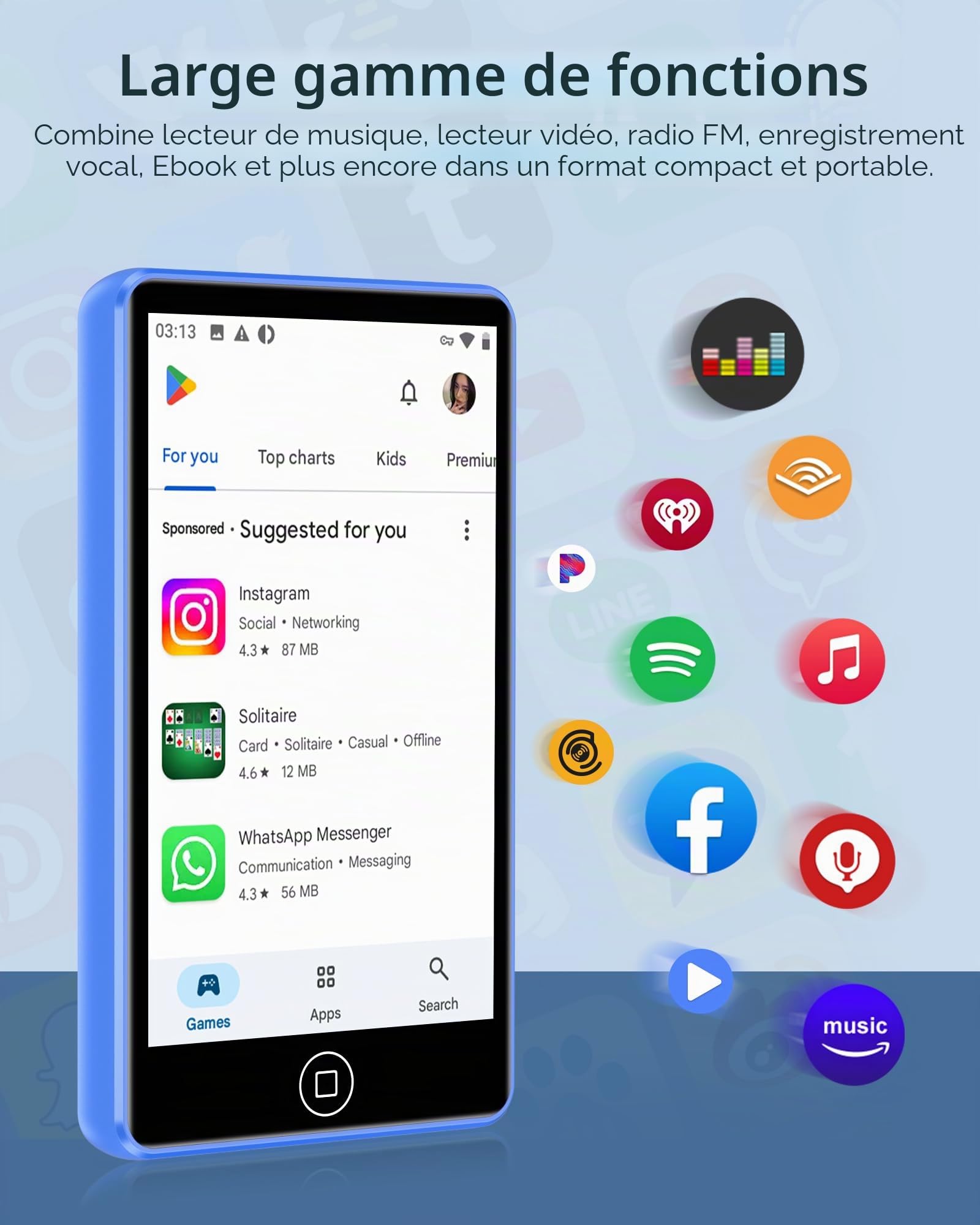Lecteur MP3 Bluetooth et Wi-FI, Lecteur MP4 à Écran Tactile 4 Pouces | 80 Go Lecteur MP3 Spotify Extensible à 512 Go, avec Android, Amazon Music, Radio FM, Dictaphone, eBook, Bleu