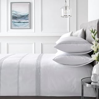 White Embroidered Duvet Cover Set – King Size 230 x 220cm – 100% Cotton – 200 Thread Count – 2 Pillowcases – Hotel Style Bedding – Soft White Linen