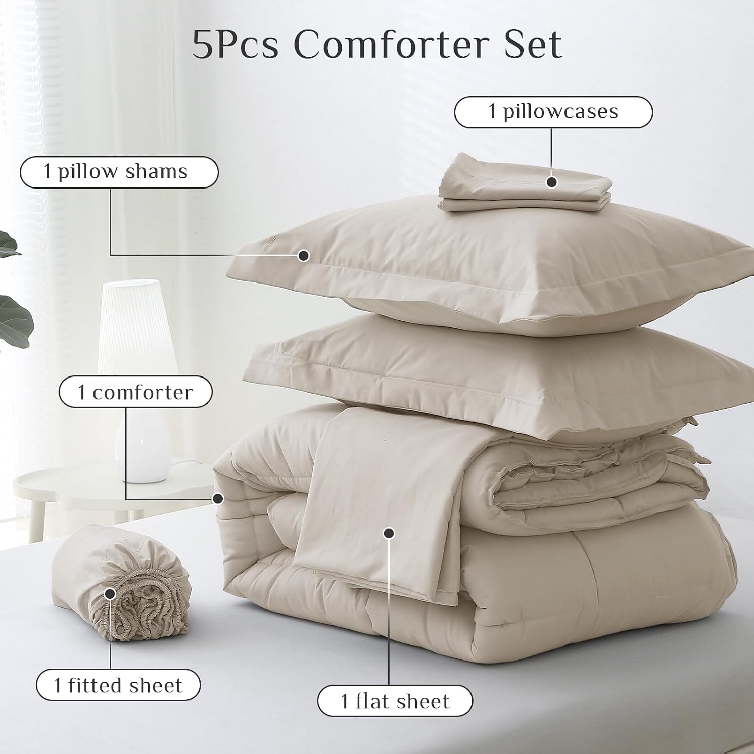 JOLLYVOGUE Twin XL Comforter Set, Ultra-Soft Bed in a Bag Twin XL Size 5 Pieces, Oeko-TEX Certified Bedding Set with Down Alternative Comforter, Sheets, Pillowcases & Shams, Oatmeal thumbnail