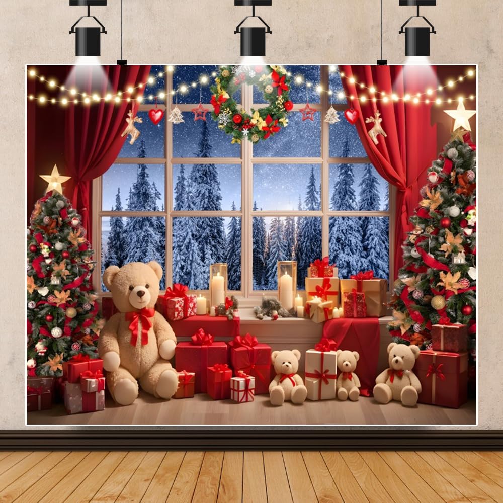 10x8ft Christmas Backdrop Red Curtain Xmas Tree Background Winter Snow Pine for Photography Backdrop Christmas Party Banner Photo Studio Supplies