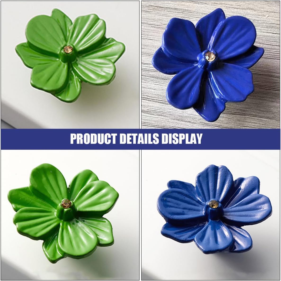 2pcs Small Flower-Shaped Cabinet Knobs Metal Pulls for Kitchen Dresser Closet Doors Vintage Style Blue and Green Alloy Hardware Handles