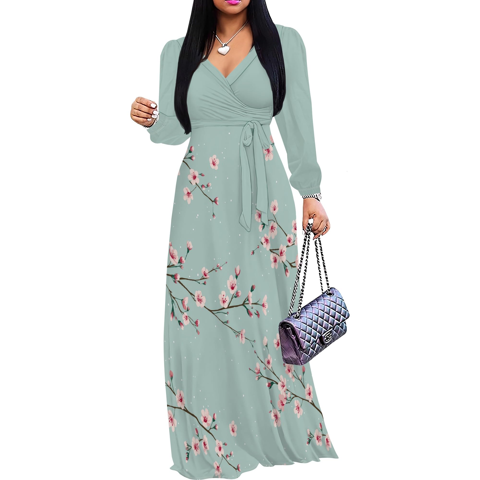 PinkPatty Women's Long Sleeve Maxi Dress Plus Size Trendy Wedding Guest Dress with Pockets&amp;Belt
