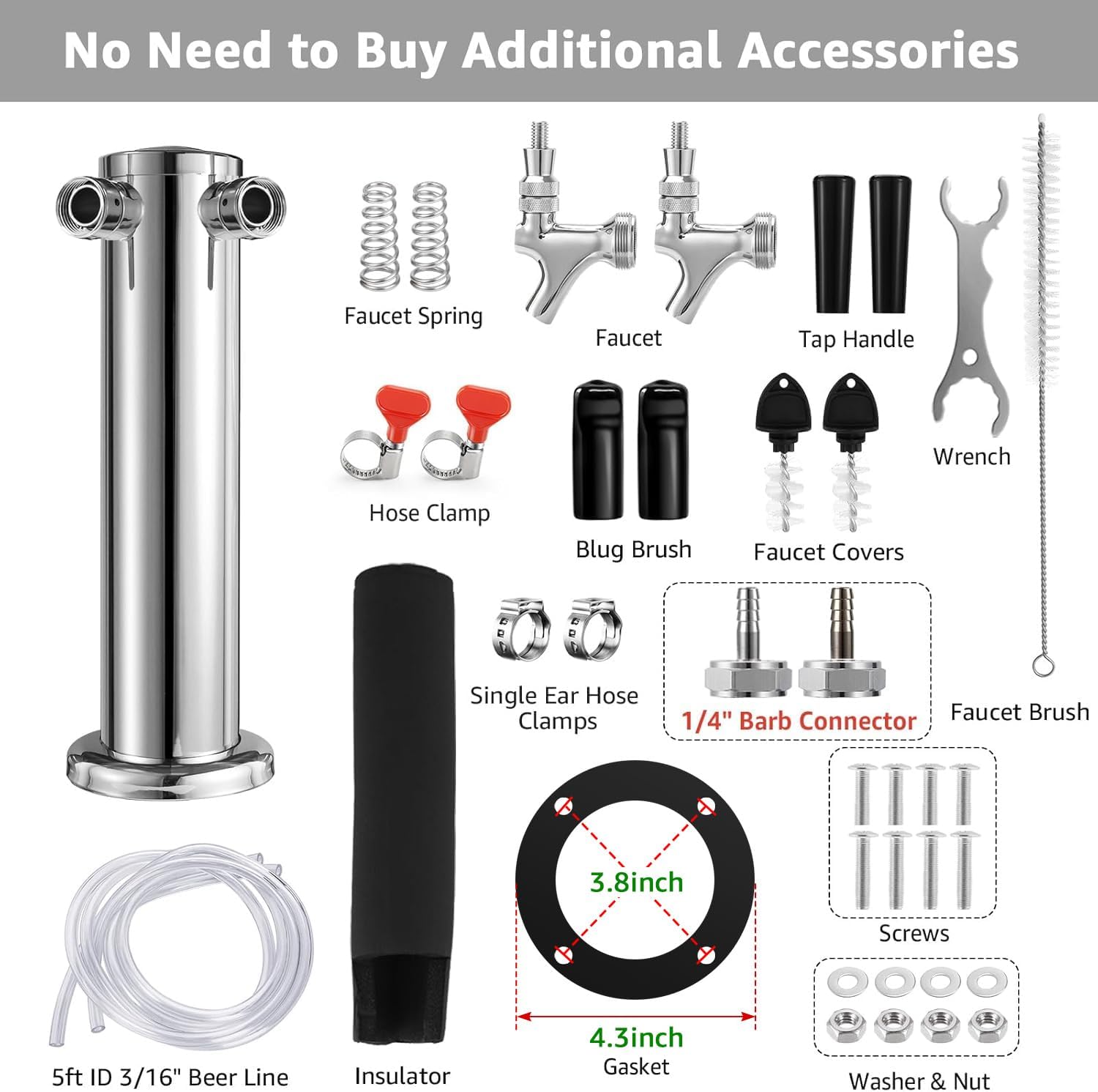 Dual Beer Tap Tower Dispenser with 1/4" Barb Fitting, Draft Kegerator Tap Tower Keg Tower Stainless Brass Core Self-Closing Beer Faucet Brewing Tower Dispenser with Pre-assembled Lines Kit