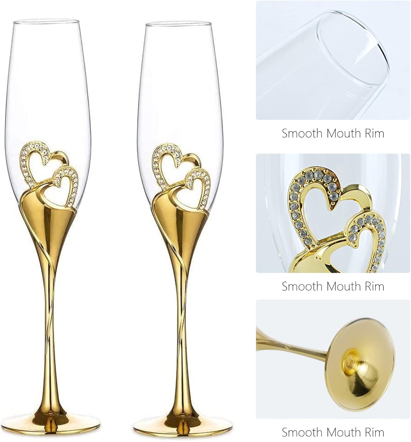 LANLONG Wedding Champagne Goblets Toasting Flute Glasses for Bride and Groom Creative Deluxe Glass Cups with Rhinestone Rimmed Heart Decoration Gift Set