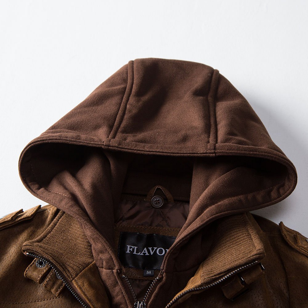 FLAVOR Giacca di Pelle Vera Uomo Moto Cappuccio Staccabile