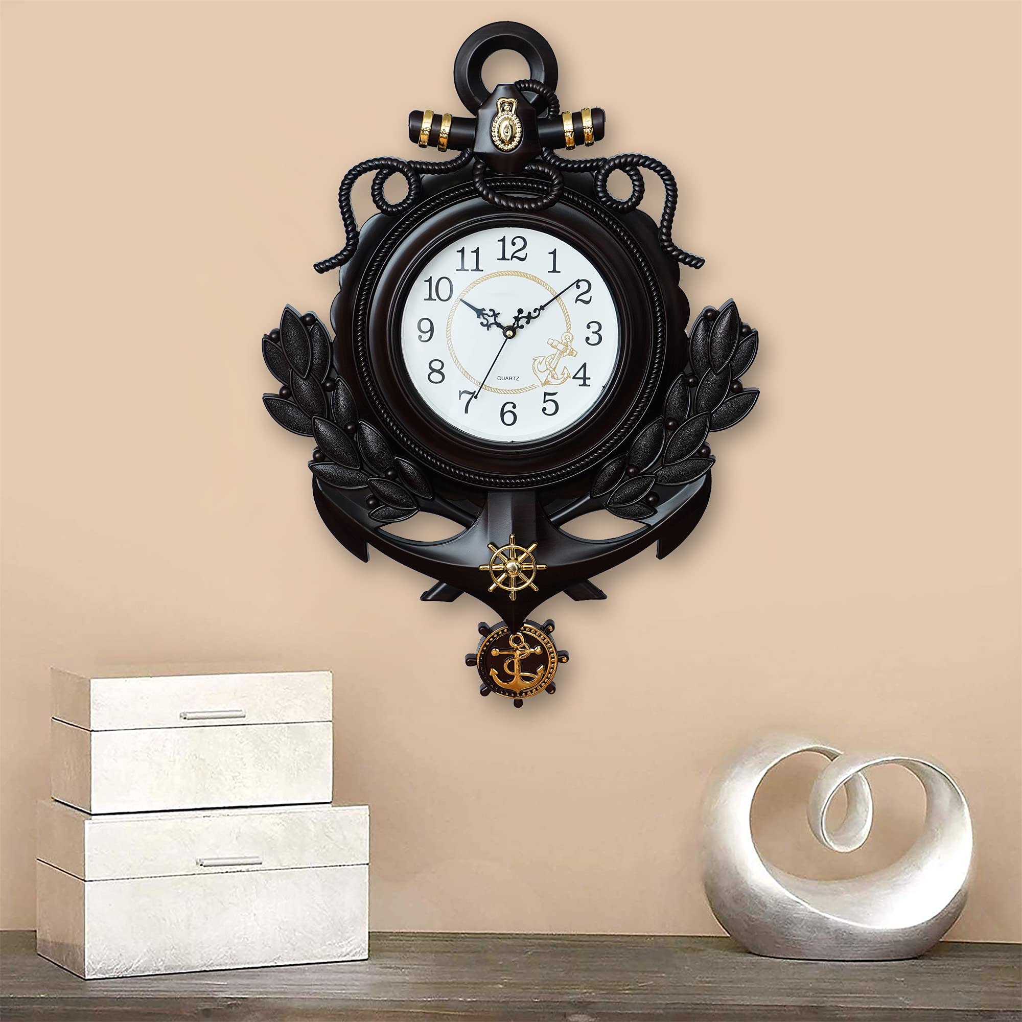 Webelkart Jaipur Crafts Plastic Decorative Retro Antique Pendulum Wall Clock for Home/Office/Living Room Decor (Anchor New)- 23 Inches, Brown