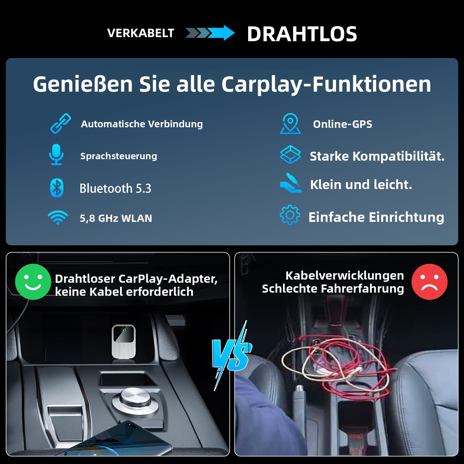 Wireless CarPlay Adapter für iPhone,Plug & Play, schnelle & stabile Verbindung, kompatibel mit Autos ab 2016, mit Reset-Taste (nur iOS)