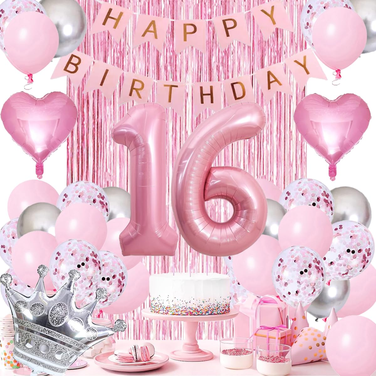 LUDEOU Sweet 16th Birthday Decorations Pink: 60pcs Balloons, Fringe Curtain, Crown Balloon, Pink & Silver Theme for Girls' 16th Birthday Party