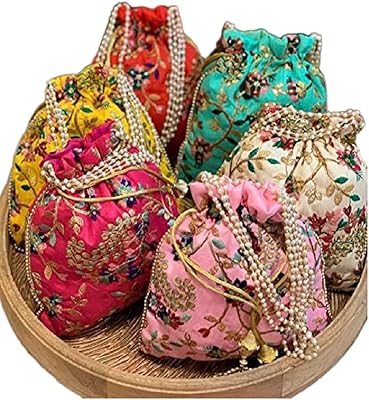 Designer Women Potli Bags - Rajasthan batwa for Wedding and Parties - Indian Ethnic Designer Embroidered Silk Pouch Bag- Handle Purse Clutch Purse for Women - Batwa Pearls Handle Bag, Pack of 20