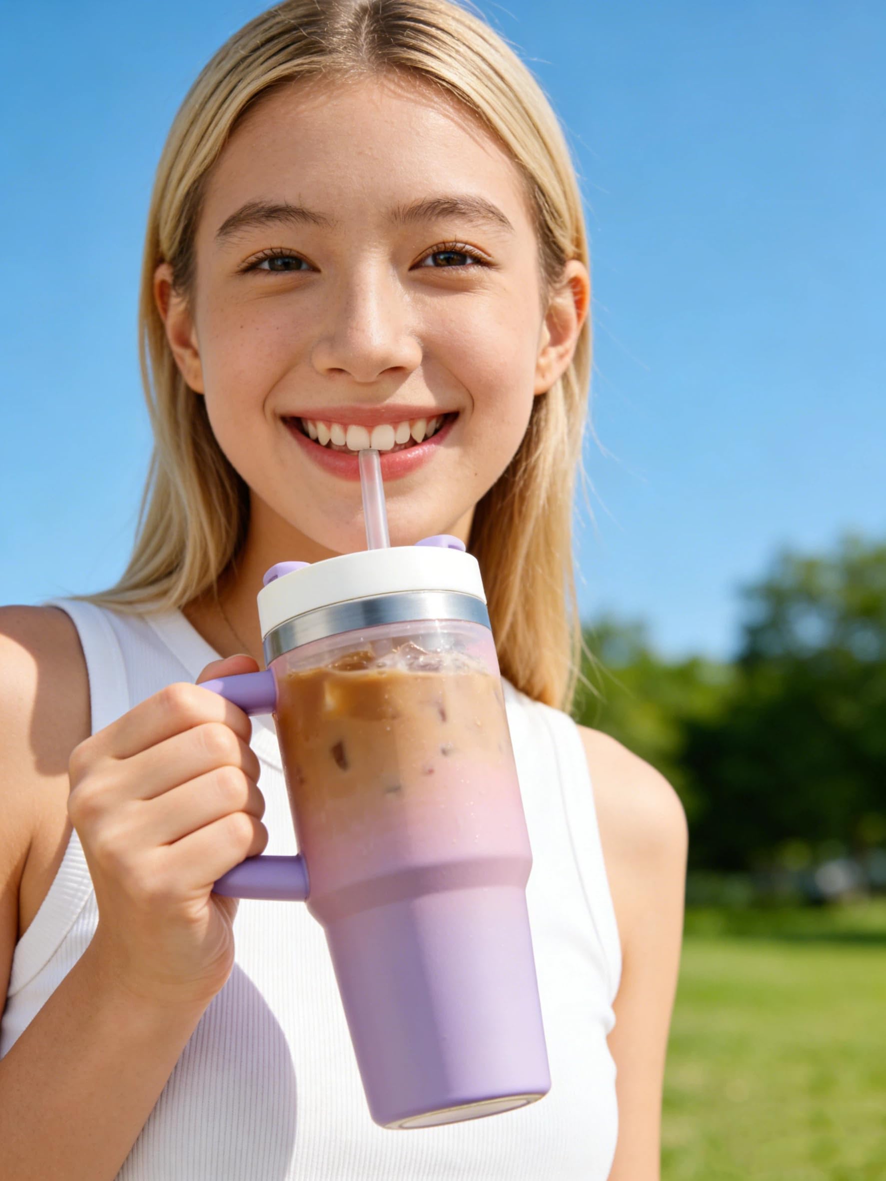 Tumbler avec poignée et paille - Avec couvercle et paille - En acier inoxydable 304 - Pour l'école, le sport en plein air (noir barbe)