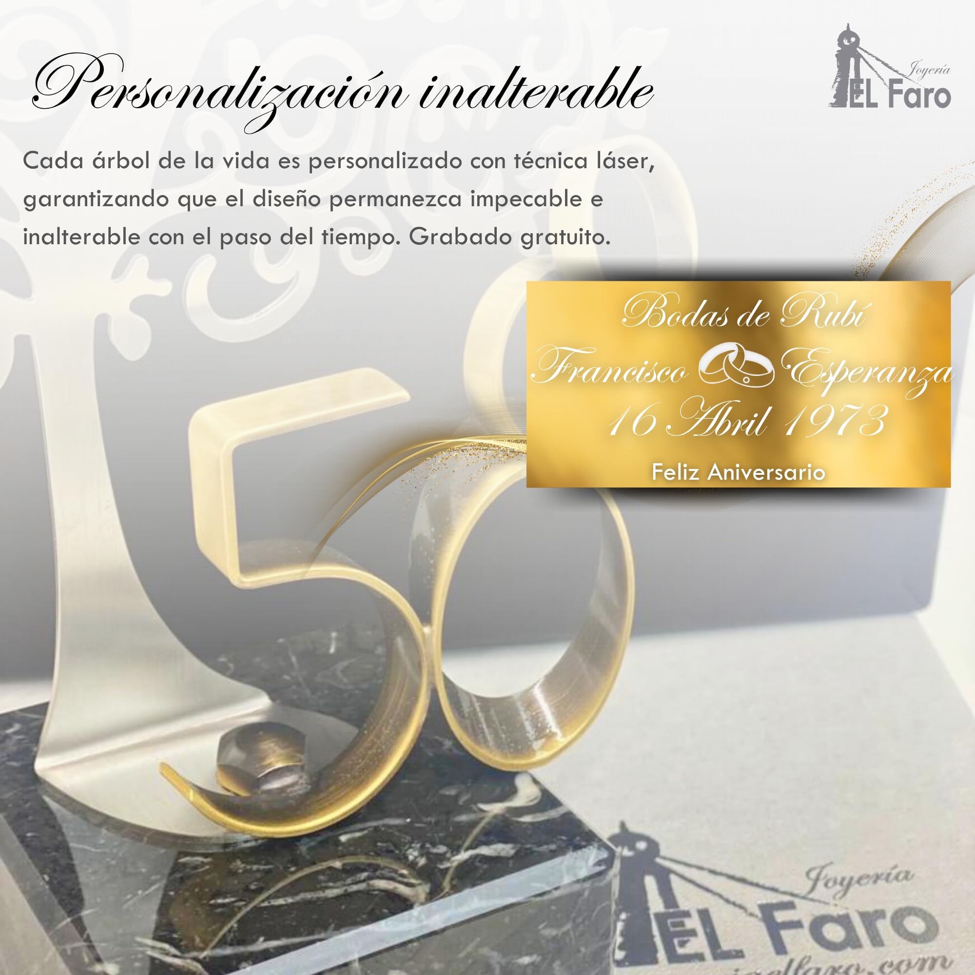 JOYERIA EL FARO | Regalos de boda 50 aniversario | Pack árbol + 8 globos gratis | Grabado personalizado | Presentación en estuche premium | Celebra 50 años de amor juntos