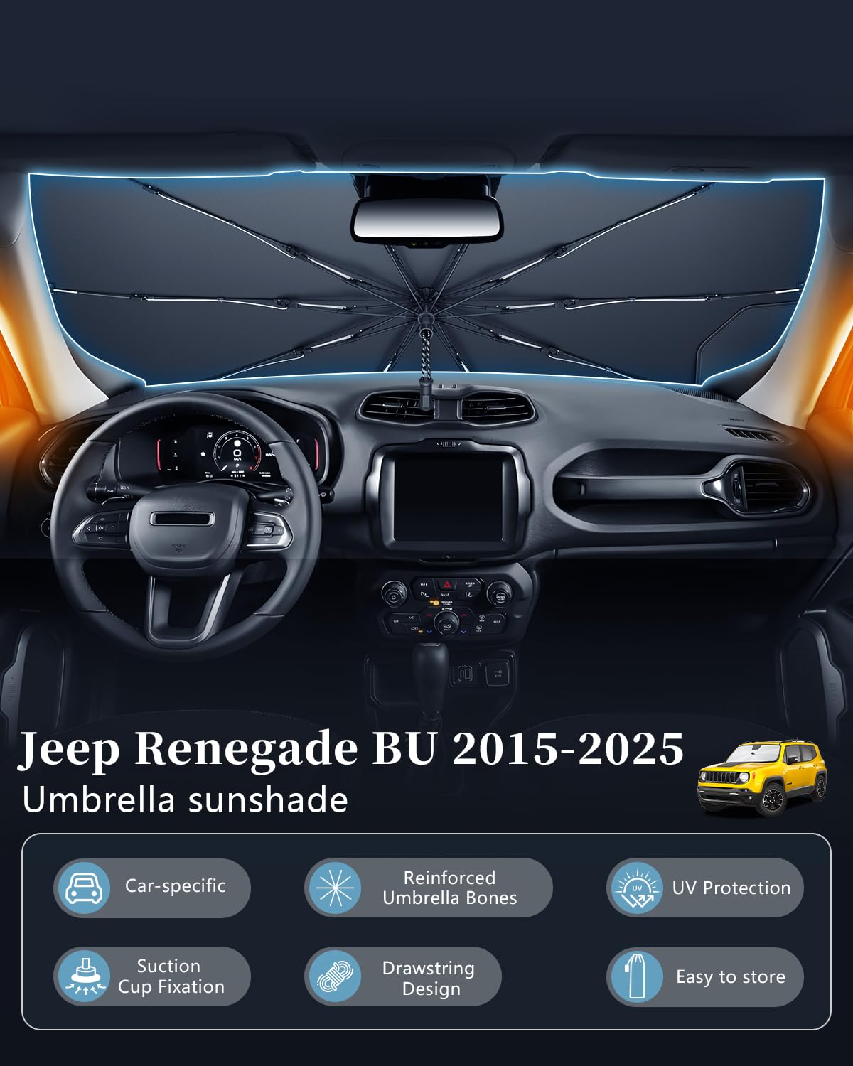 SKTU Osłona przeciwsłoneczna na przednią szybę do Jeep Renegade BU 2015-2024 2025 Smycz składana konstrukcja osłony przeciwsłonecznej ochrona przed promieniowaniem UV dla Jeep Renegade BU akcesoria
