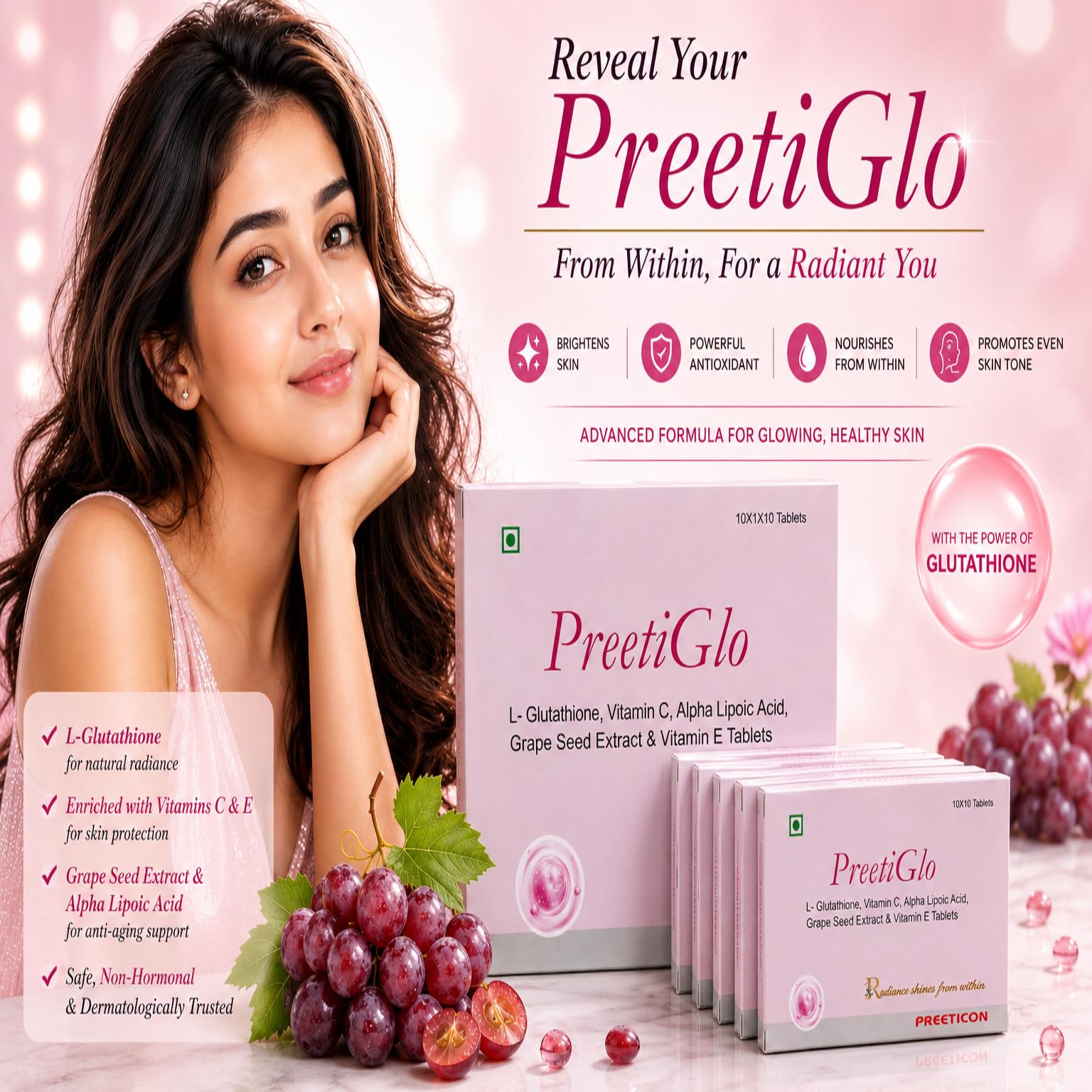 PreetiGlo L-Glutathione, Vitamin C, Alpha Lipoic Acid, Grape Seed Extract & Vitamin E Skin Brightening Tablets, 30 Count 4