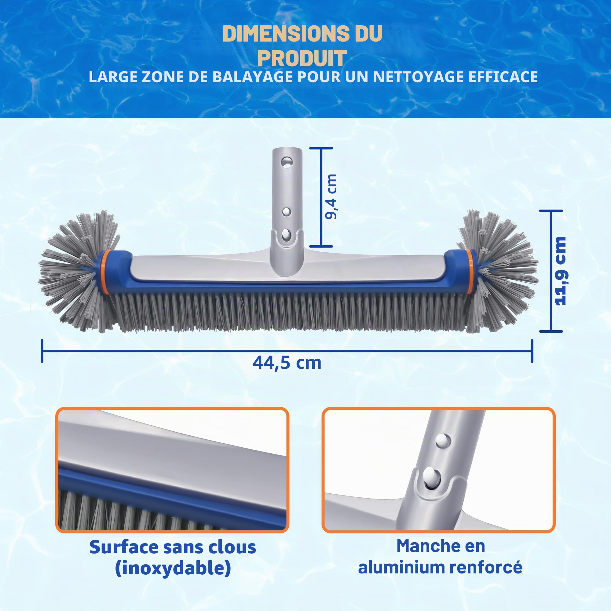 PooLiFE 44,5 cm Brosse de piscine avec lourde partie arrière en aluminium et manche de 45 cm. Brosse de piscine non télescopique