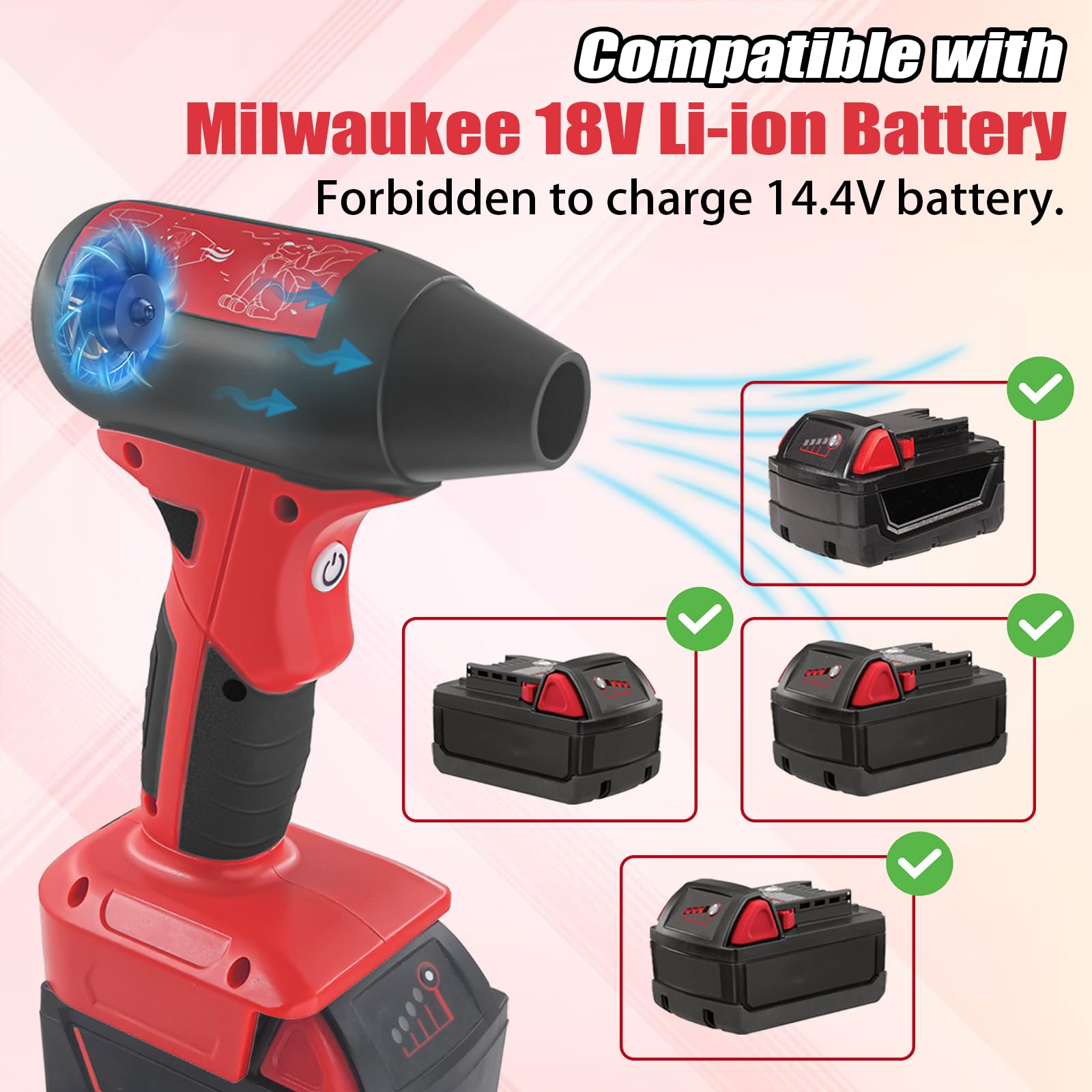 Ventilateur turbo compressé pour batterie Milwaukee M18 18 V, ventilateur à 4 vitesses max 130 000 tr/min sans fil haute vitesse pour nettoyeur d'air, nettoyage de clavier, séchage, souffleur de