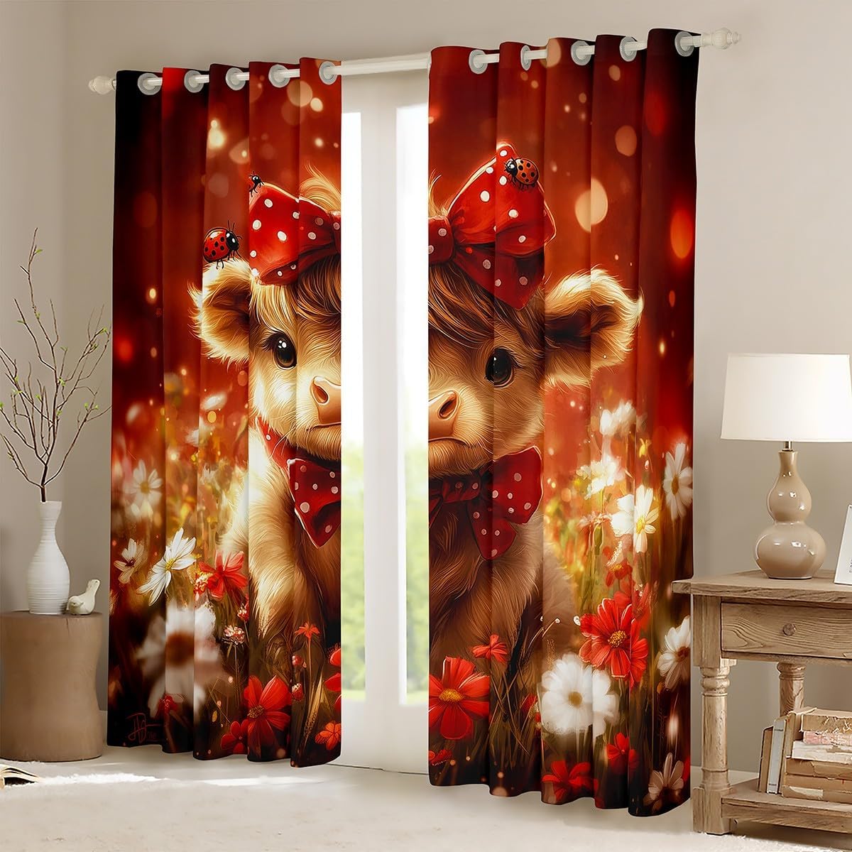 Cartoon Cow Kids Blackout Curtains,Bow Knot Daisy Floral Botanical Rustic Window Drapes for Girls Boys,Cute Highland Cattle Farmhouse Romantic Window Treatments Grommet Top 2 Panel Set,38Wx45L inch