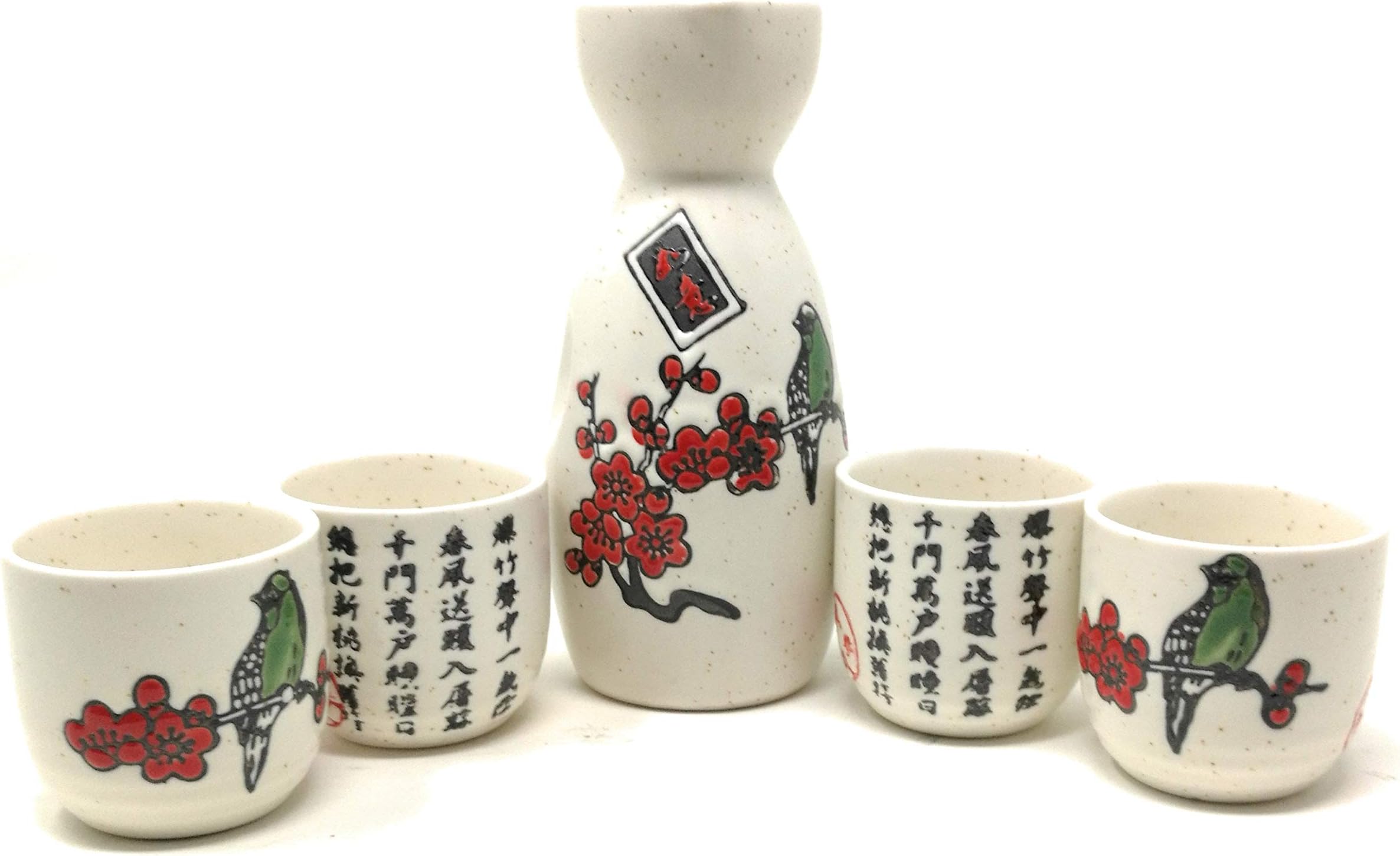 5-Piece Sake Set, Durable Ceramic Japanese Sake Set with 1 Carafe/Decanter/Tokkuri Bottle and 4 Ochoko Cups for Sake at Home or Restaurant - Cherry Blossom with Bird and Calligraphy