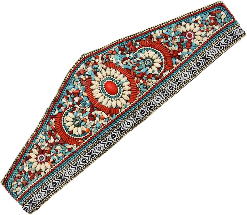 NSLS Elastic Waist Belt Bohemian Adjustable Wide Waist Chain with Turquoise Beads Stone for Women Dancing Dress(A) - Image 3