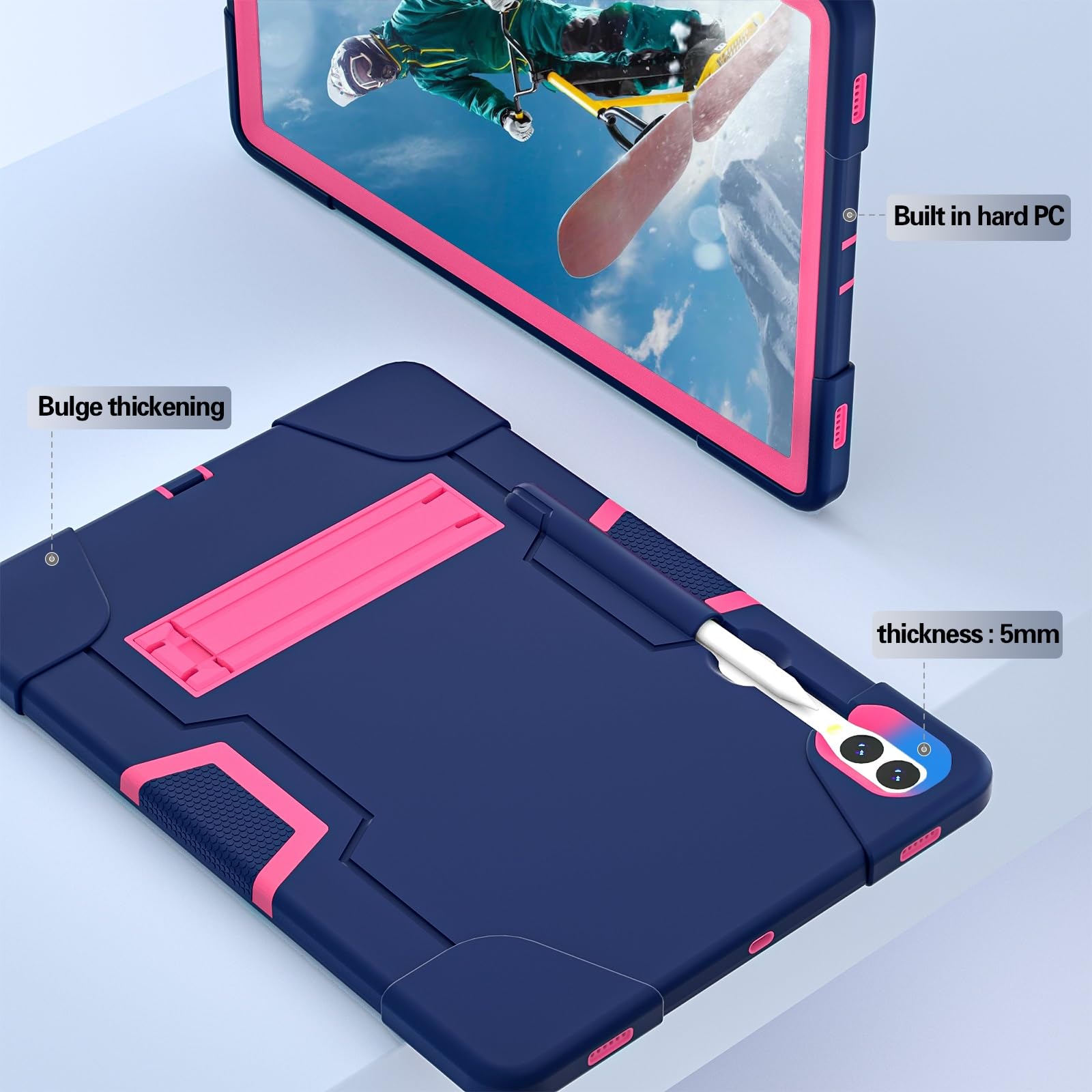 Etui do Samsung Galaxy Tab S9 Plus/Tab FE Plus SM-X810/X818U 31.5 cm (2023), silikonowe etui na tablet z podpórką, wytrzymałe, odporne na wstrząsy, wytrzymałe etui ochronne (granatowe + różowe