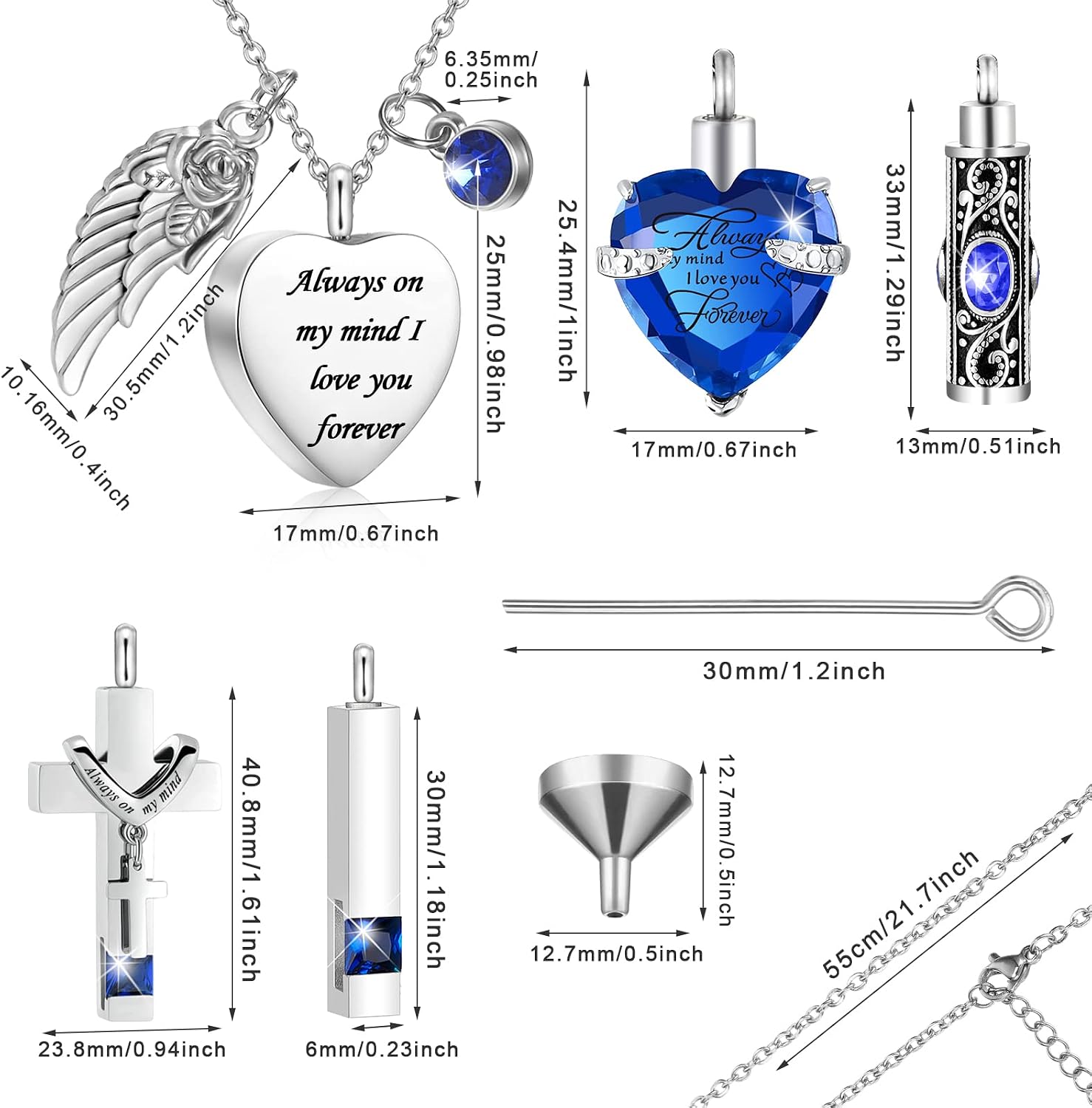 Fumete 5 Pcs Urn Necklace for Ashes Cremation Jewelry Necklace Set for Ashes Memorial Keepsake Heart Cross Cubic Stainless Steel Urn Jewelry for Loved One or Pet Women Men, 5 Styles