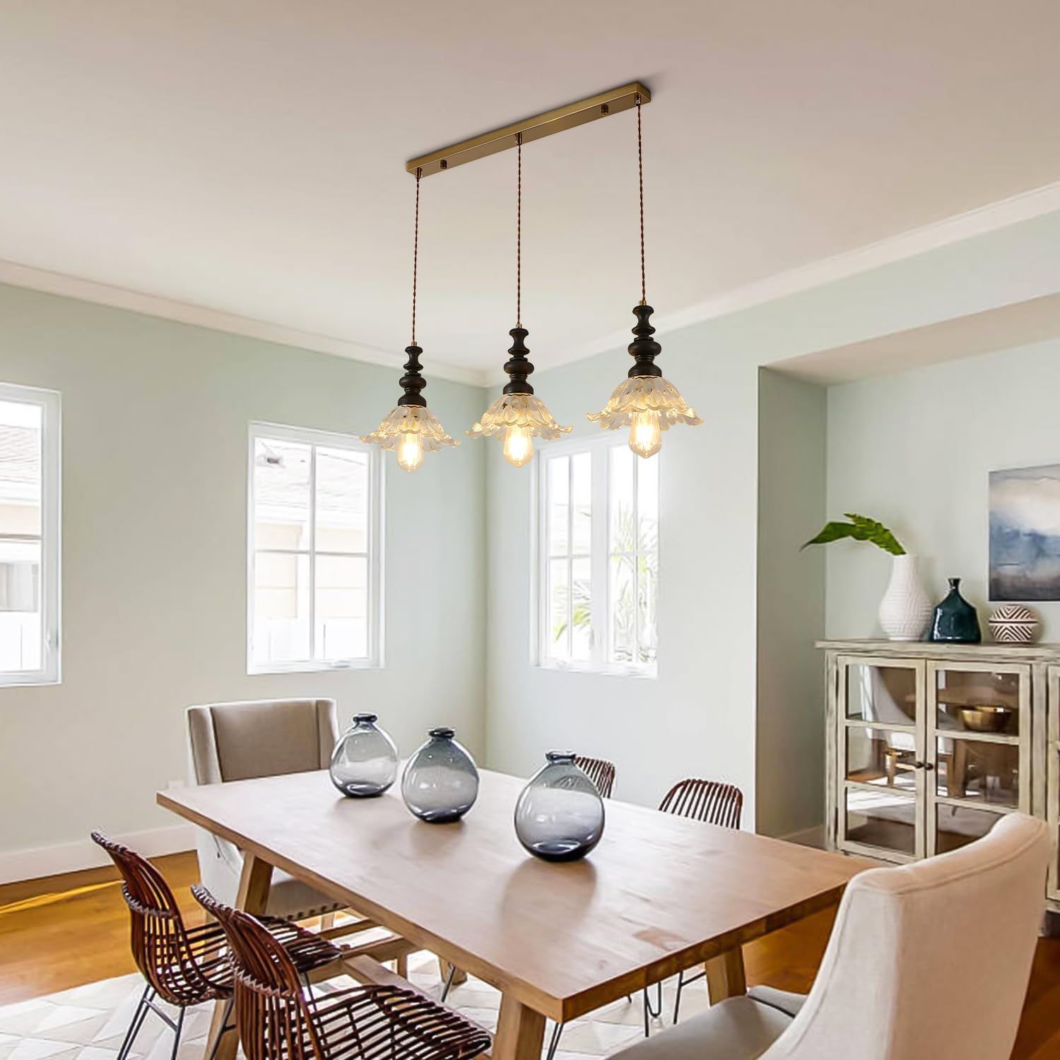 KCO Lighting 3 Light Farmhouse Linear Chandelier Black and Brass Pendant Lights Kitchen Island Clear Glass Chandelier Ceiling Light Vintage Flower Hanging Light Fixture