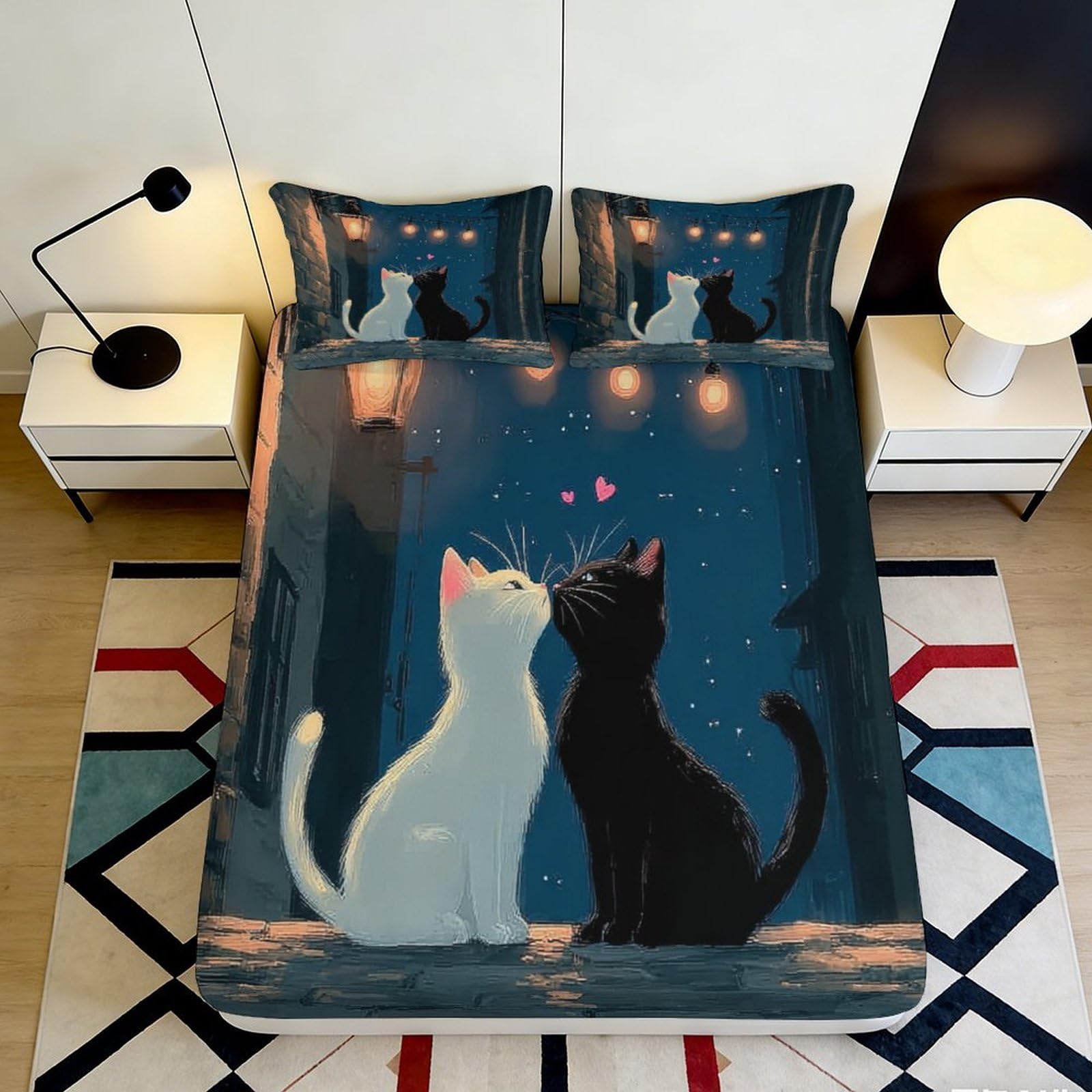 3D Printed Romantic Cat Couple Fitted Sheet Microfiber Soft Breathable Night Scene Bed Cover for Bedroom Decor 90x200x25cm
