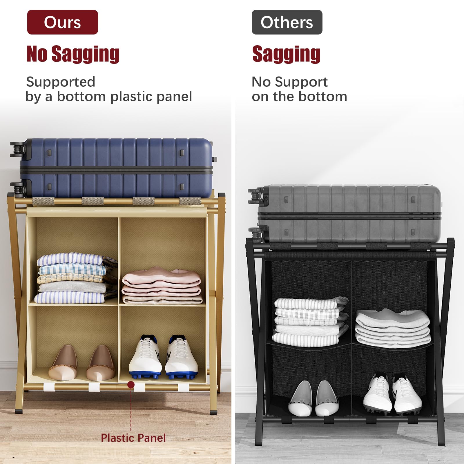 aboxoo Paquete de 2 portaequipajes con almacenamiento, soportes plegables para maleta para habitación de invitados, soporta hasta 120 libras, soportes de maleta que ahorran espacio para habitación de