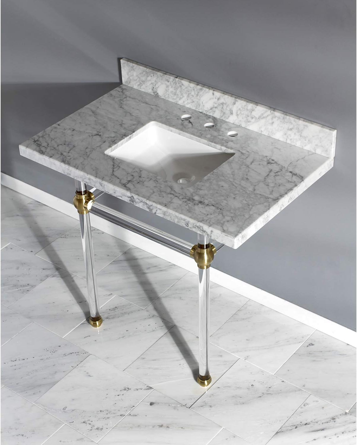 Kingston Brass KVPB3630MASQ7 36X22 Carrara Marble Vanity with Sink and Acrylic Feet Combo, Carrara Marble/Brushed Brass