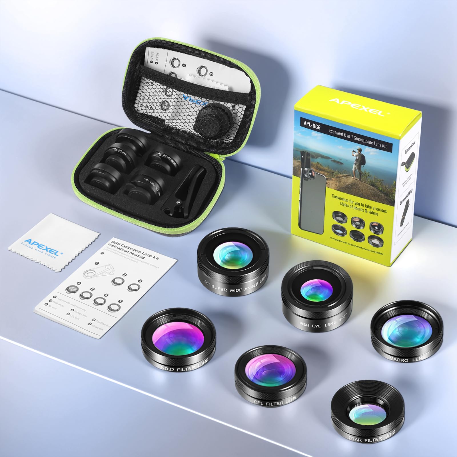 Objectif Telephone Portable pour Smartphone Universels, 6 en 1 Lentille Smartphone, 140x Téléphoto, Objectif Macro 25 x, 205° Fisheye, pour la Plupart des Smartphones