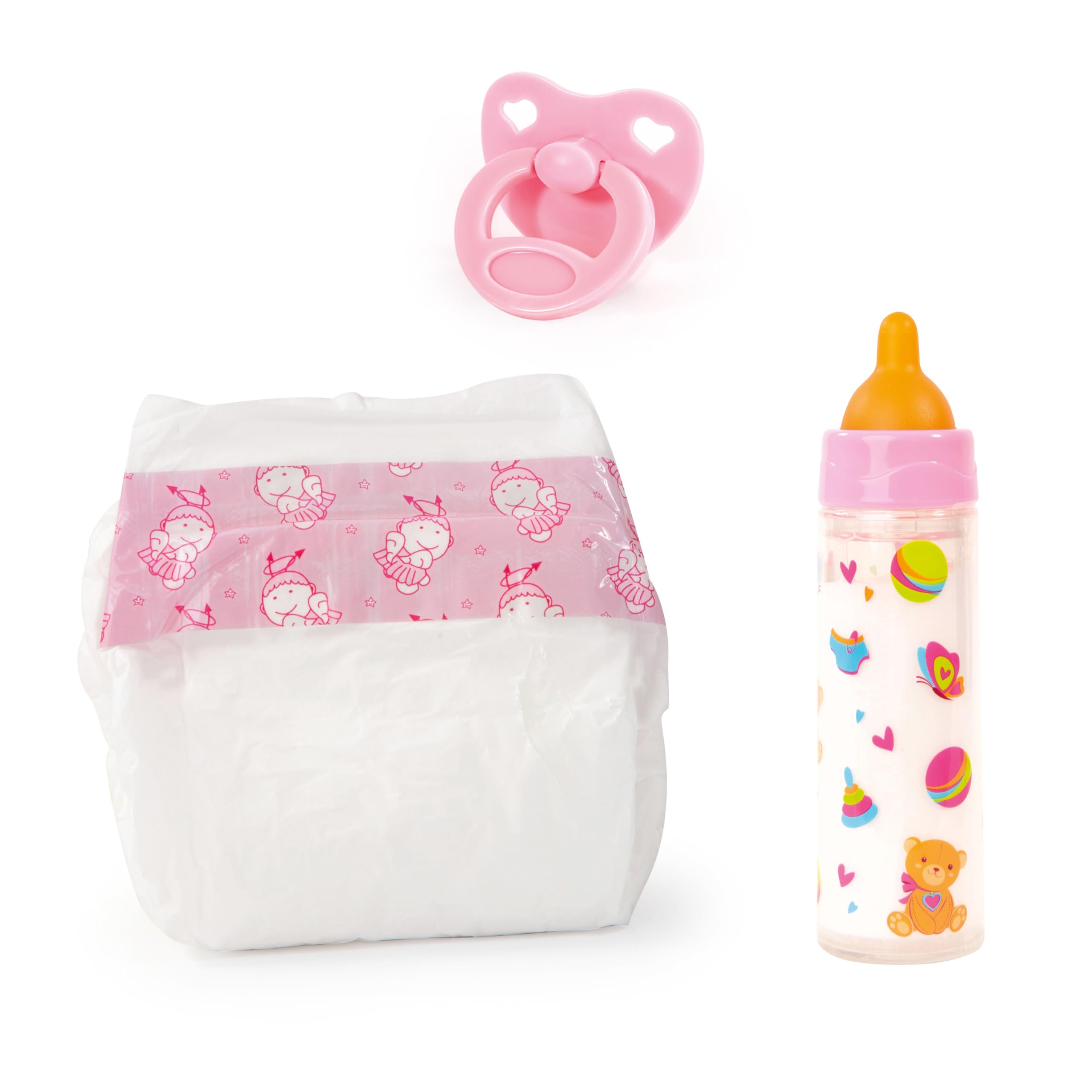 Bayer - Doll Accessories Set - Diaper, Magic Bottle, Pacifier - for Dolls up to 18” - White and Pink - Age 3+ - 79201AF