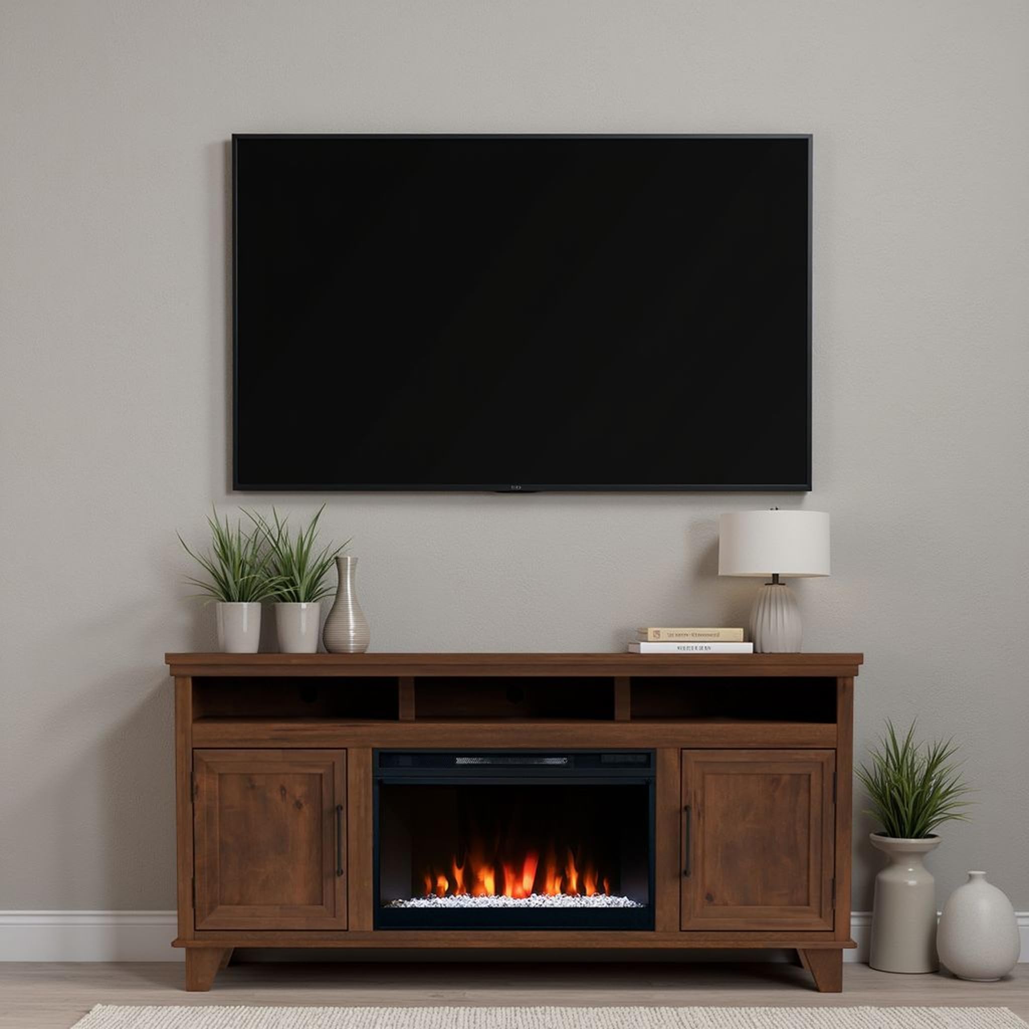 Realcozy Sonoma Transitional 64 inch Electric Fireplace TV Stand Entertainment Center, for TVs up to 70 inches, Solid Wood, Whiskey Finish