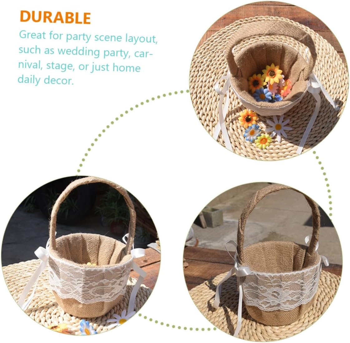 Luxshiny Burlap Woven Flower Girl Basket with Handle Portable Rustic Wedding Ceremony Flower Basket Handheld for Floral Arrangements