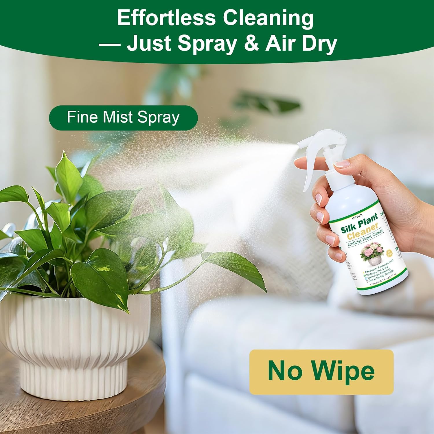 AETHER Silk Plant Cleaner Spray No Wipe, Artificial Plant Cleaner for Fake Plants & Flowers, Quick-Dry Dust Remover for Silk Flowers, Restores Shine Spot-Free Fake Greenery Plant Cleaning Spray image 5