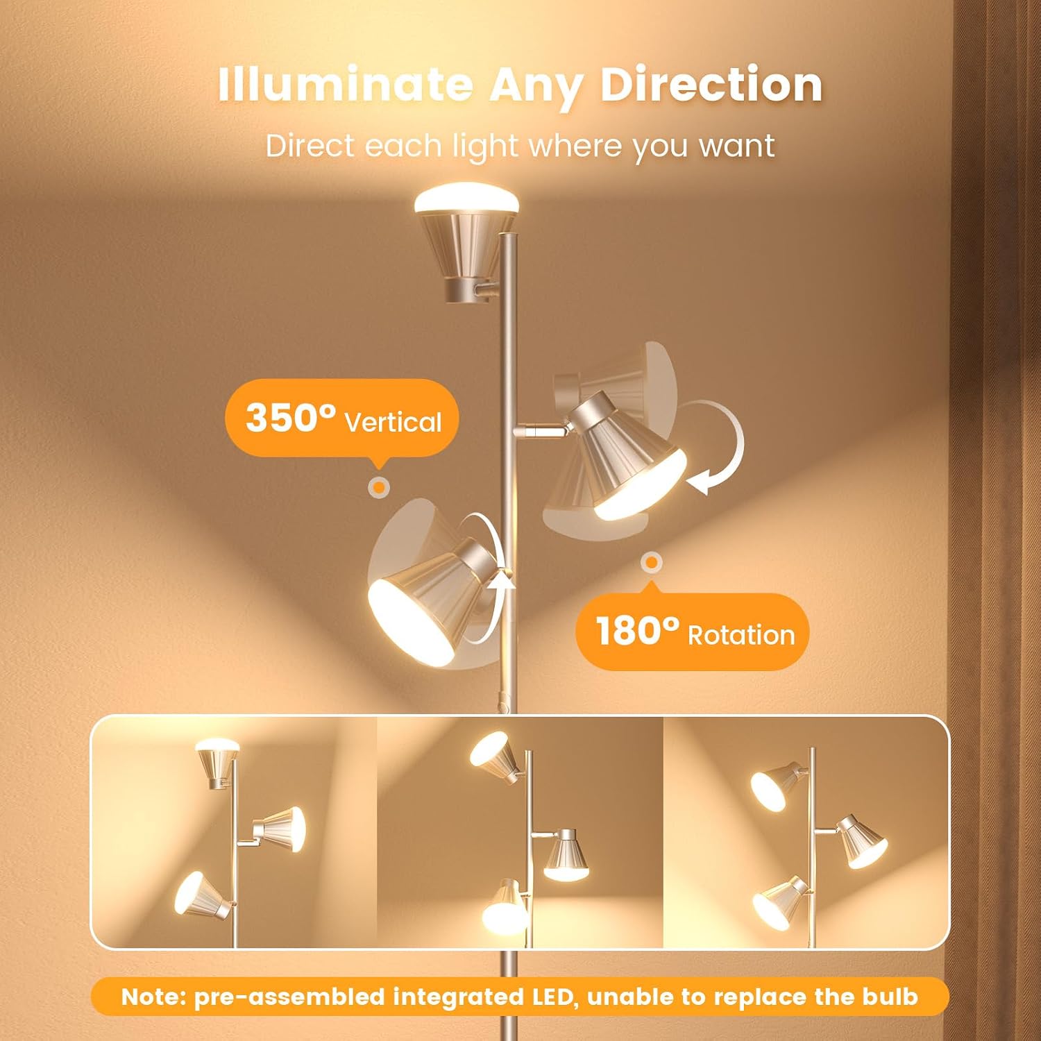 SIBRILLE 36W LED Tree Floor Lamp, Dimmable Tall Standing Lamp with Remote & Touch Control, 4 Color Temperatures Bright Floor Lamp, 3 Rotatable Light Modern Floor Lamps for Living Room Bedroom Office