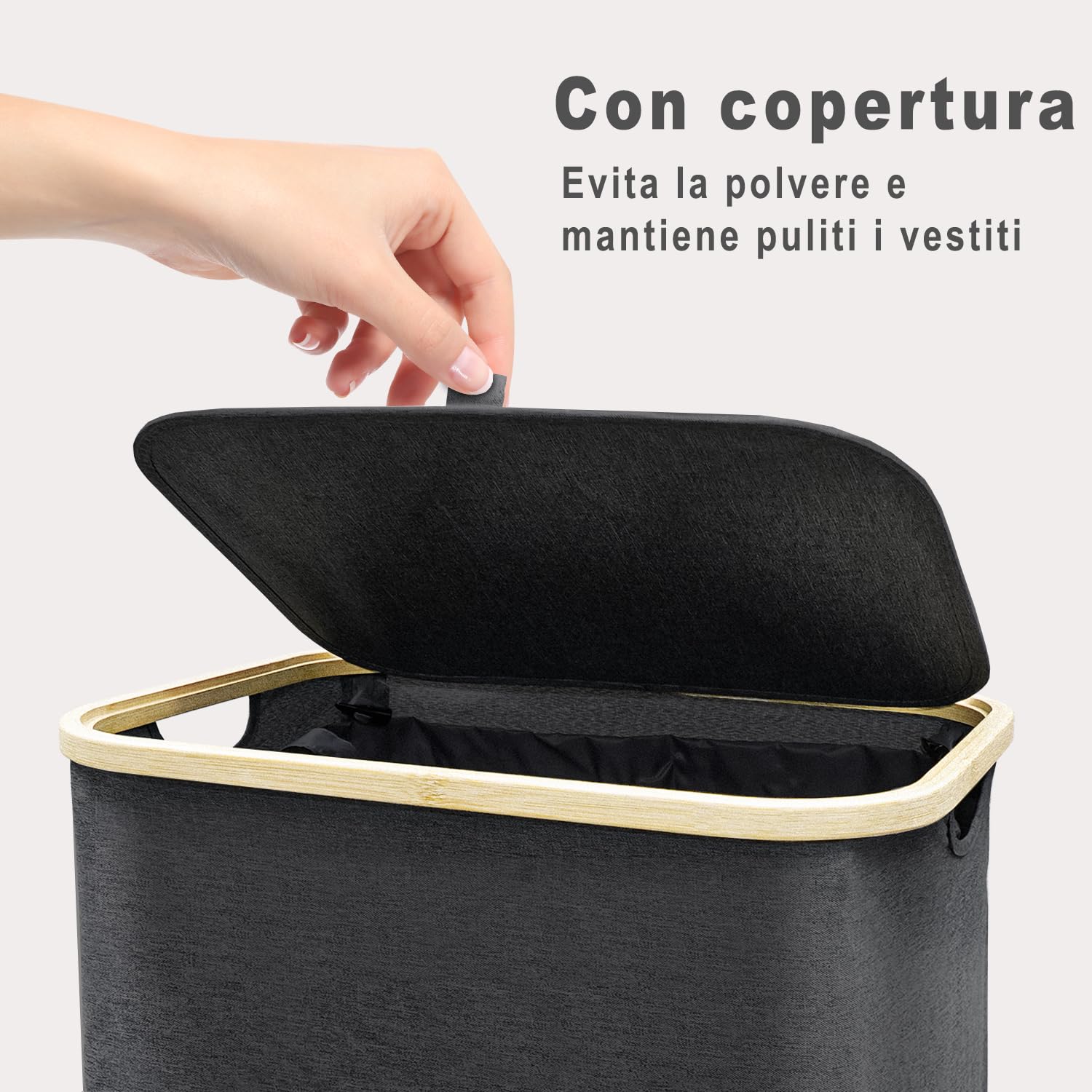 Cesto Portabiancheria Grande,con Coperchio,per Panni Sporchi XXL 100L con Manici in Bambù,Pieghevole per Bagno o Lavanderia Vestiti, Giocattoli