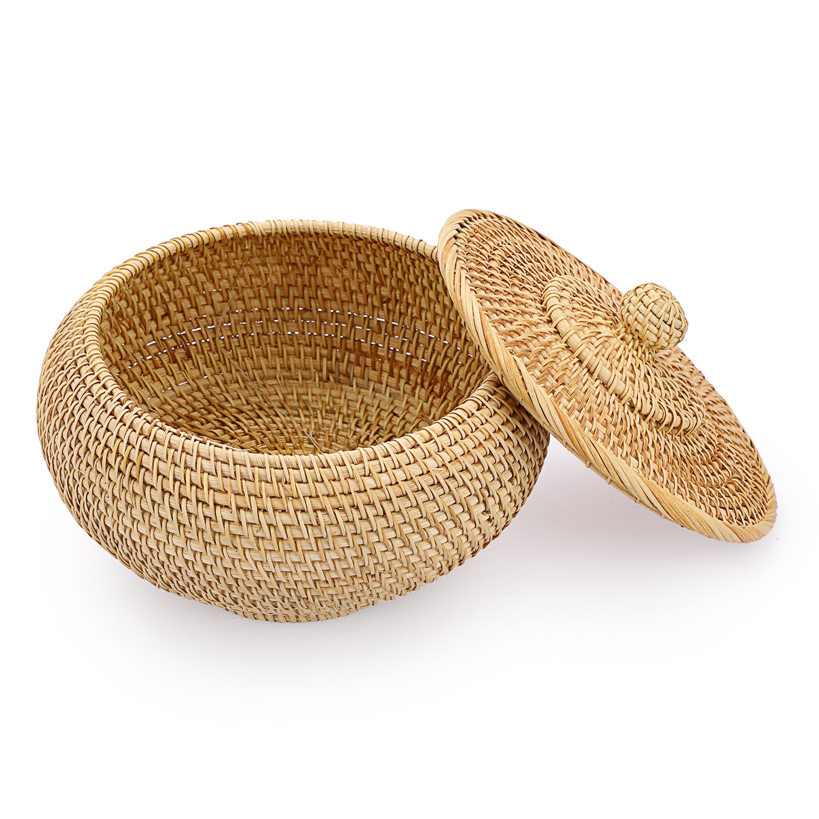 IGNPION Cesta de almacenamiento de ratán con tapa, canastas decorativas multiusos para estante y escritorio, cesta tejida para picnic, fruta, pan, huevo, cuenco (pequeño)