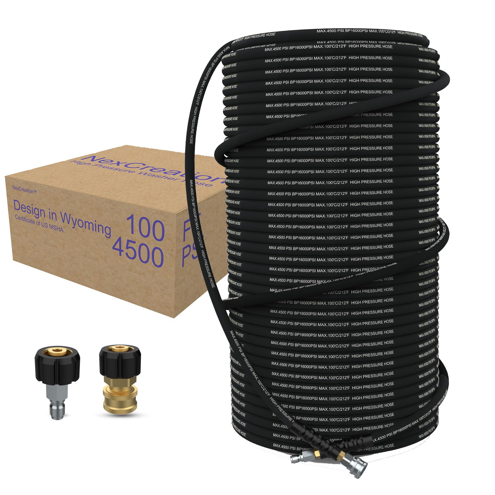 100 ft Pressure Washer Hose 3/8 Inch Quick Connect 4500 PSI Anti-Kink Non-Marking High Pressure Power Washer Hose with M22 14mm to 3/8 Inch Quick Connect for Heavy Duty Cleaning