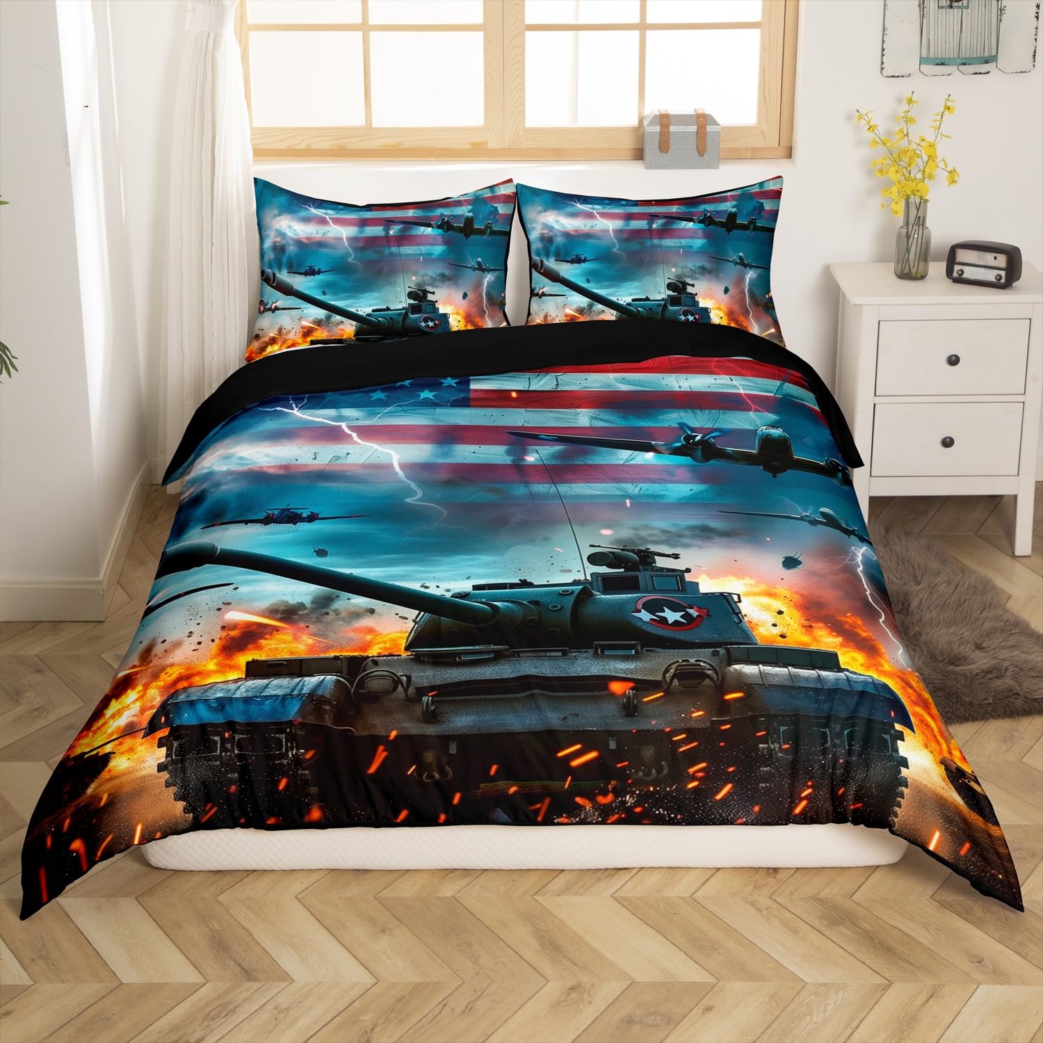 American Flag Duvet Cover Set Tank Gun Bedding Sets Military Theme Comforter Cover For Teen Boys Adults Men Camouflage Bedroom Fighter Plane National