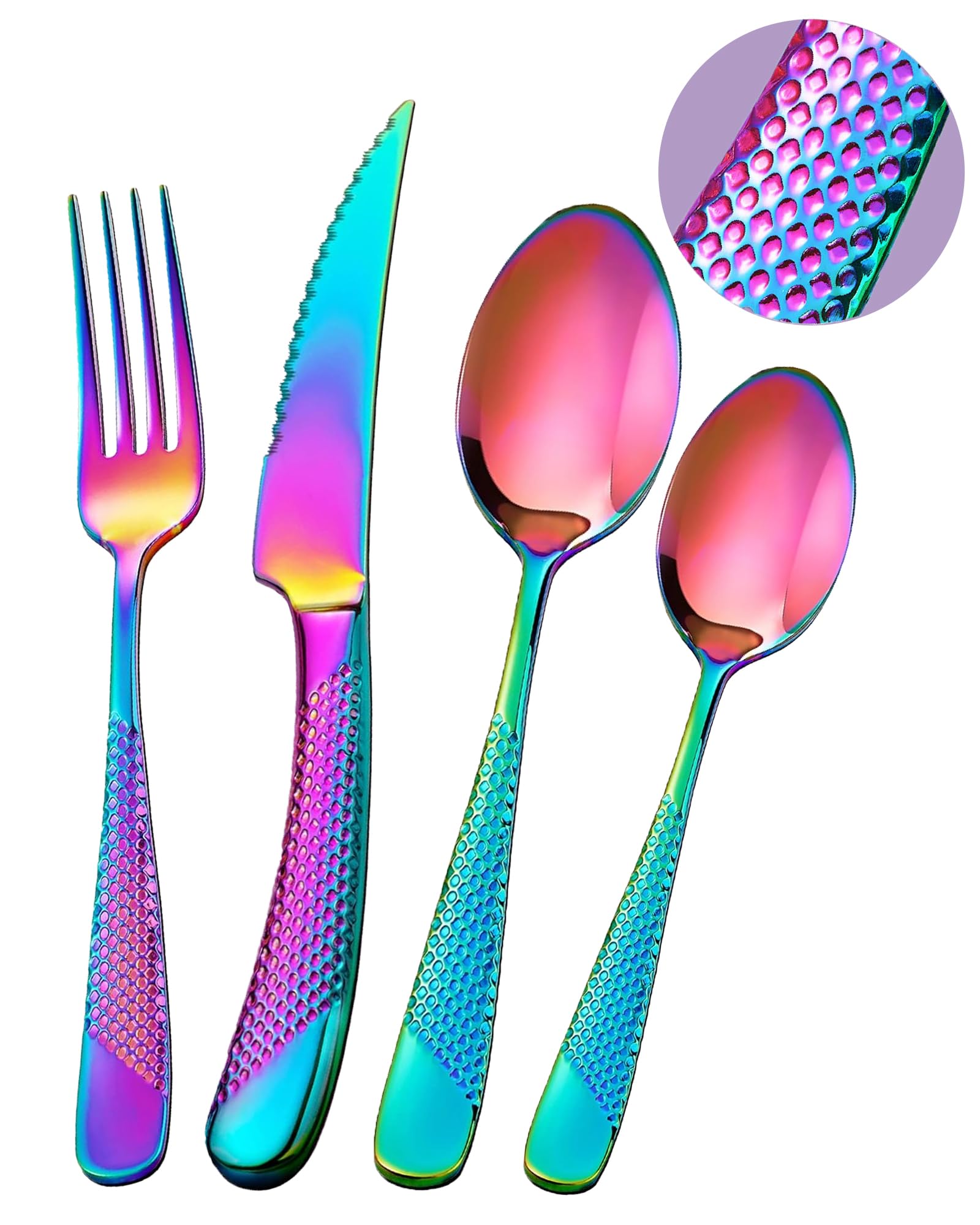 SHEUMNT 24 Pieces ​Modern Rainbow Hammered Cutlery Set with Ultra Sharp 2-in-1 Serrated Knive, 18/10 Stainless Steel Silverware Set, Titanium ​Plated Flatware Set for 6 People, Knives Forks Spoons Set — image 1