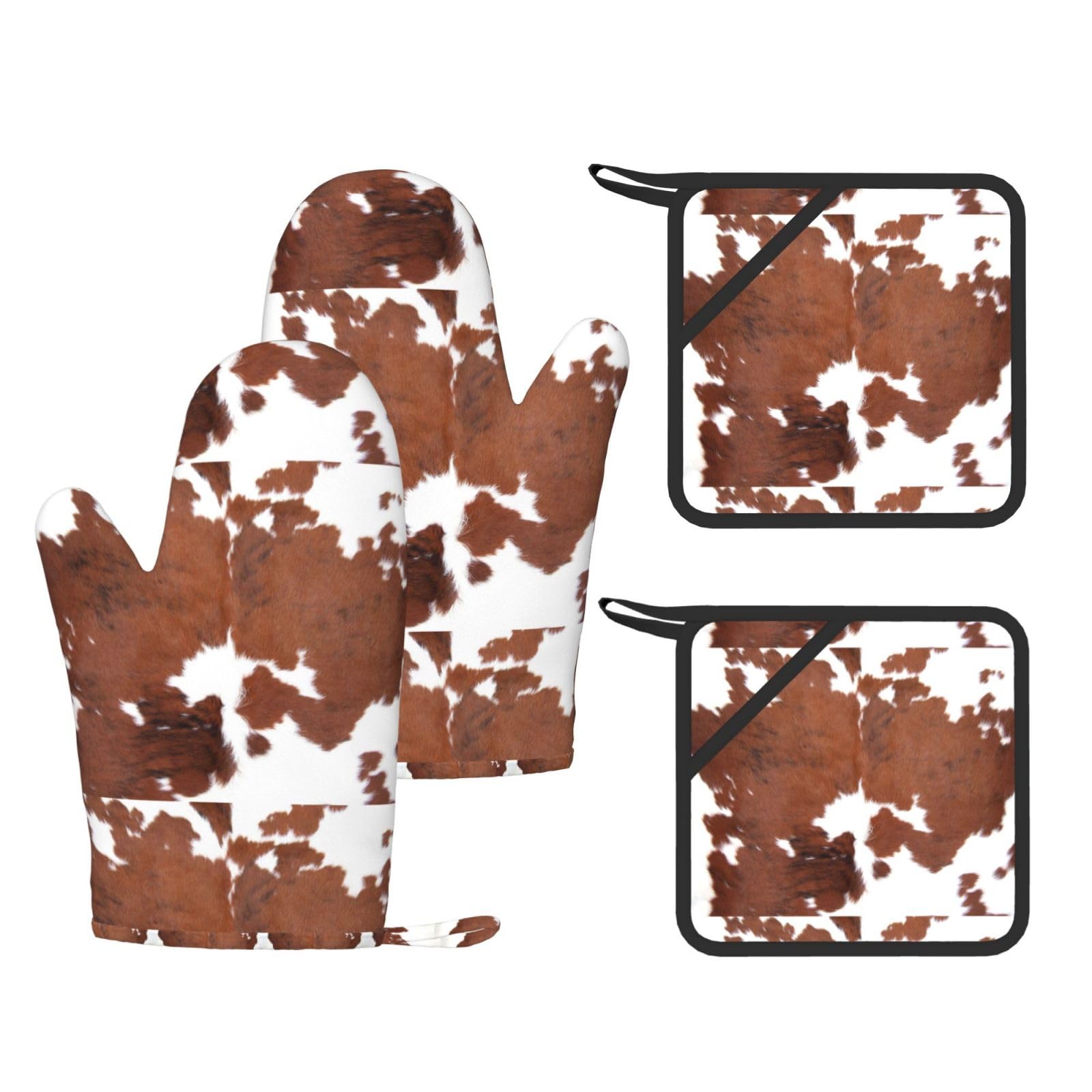 Ensemble de Quatre Gants et maniques résistants à la Chaleur, Gants de Cuisine antidérapants, maniques de Four, Motif Vache Marron imprimé Vache