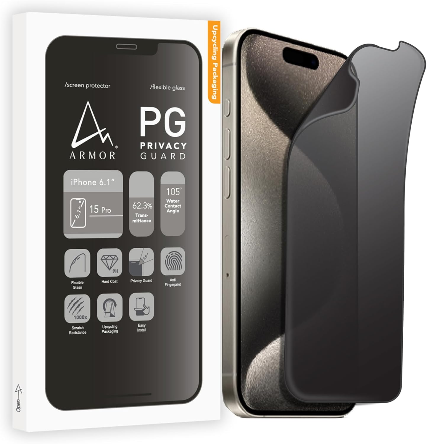 Armor Flexible Glass Screen Protector for iPhone 15 Pro, 9H with Privacy Guard (with Easy+)