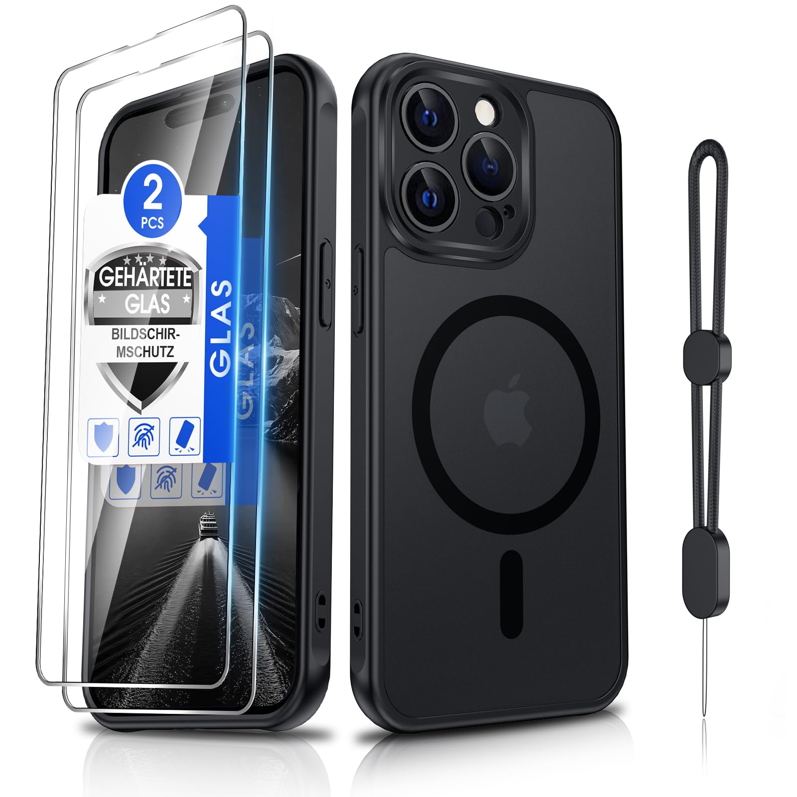 Dizn Magnetisch Hülle für iPhone 15 Pro: [Nicht für iPhone 15], 2 Panzerglas, für MagSafe, Kameraschutz, Magnet Case, Band, Matt Translucente,Militärischer Fallschutz,Handyhülle i Phone 15Pro,Schwarz