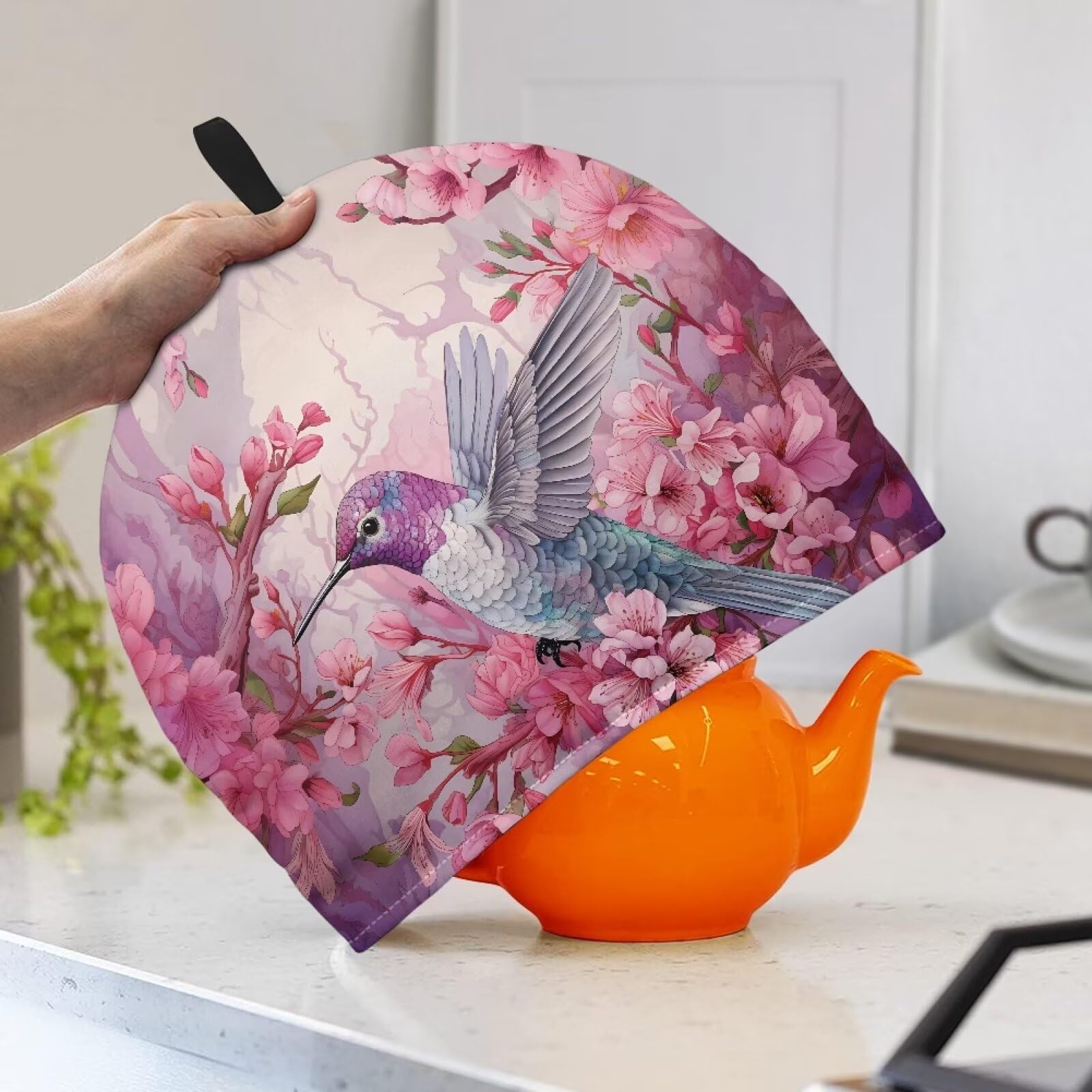 Rweroyiu Hummingbird Floral Teapot Cozy Cover Insulated Polyester Fabric Tea Ketle Covers Cosy Lightweight Tea Pot Warmer Stylish Elegant Kitchen Home Decor Gifts for Women